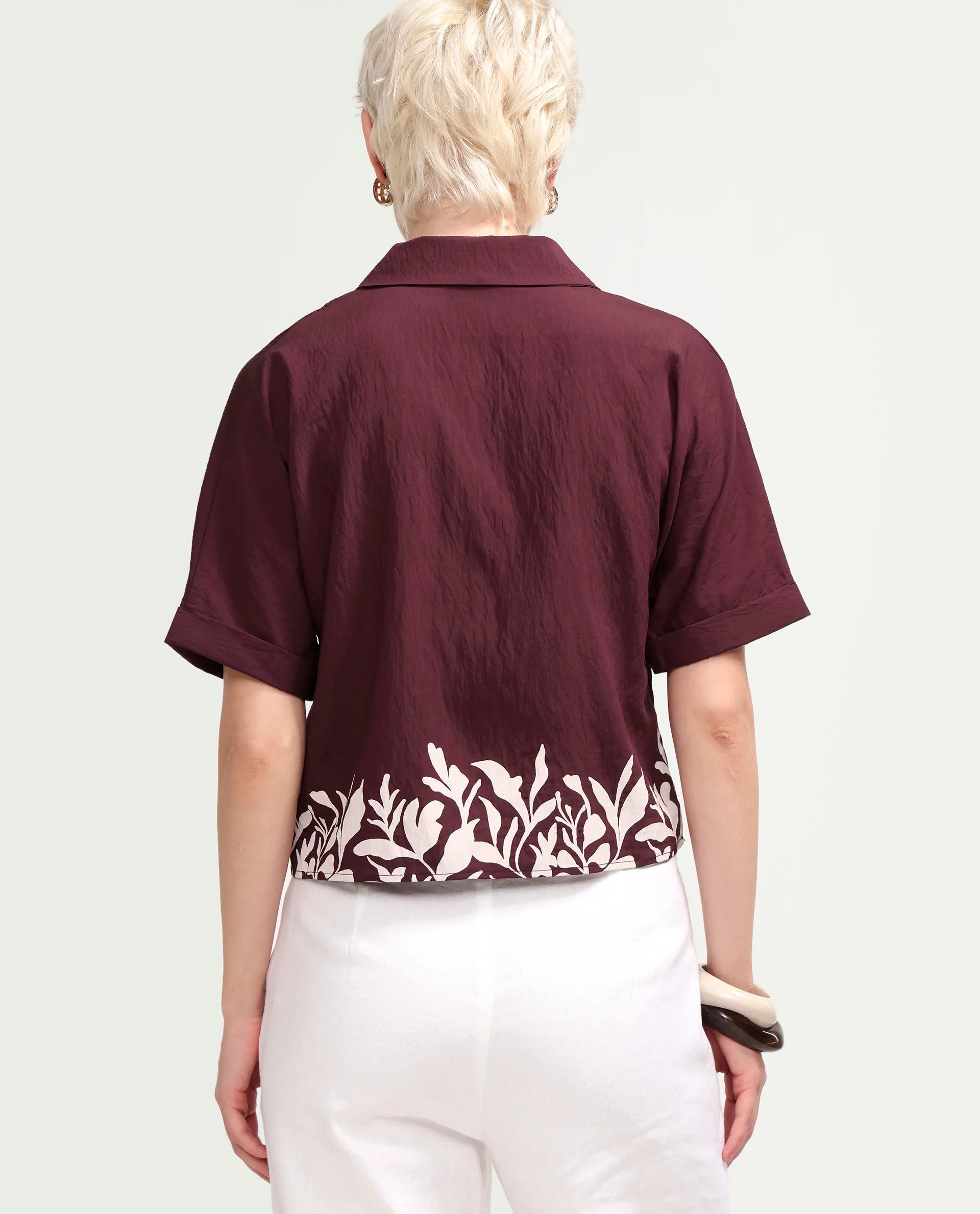 Rareism Women's Marlap Maroon Viscose Blend Half Sleeve Lapel Neck Regular Fit Abstract Print Top