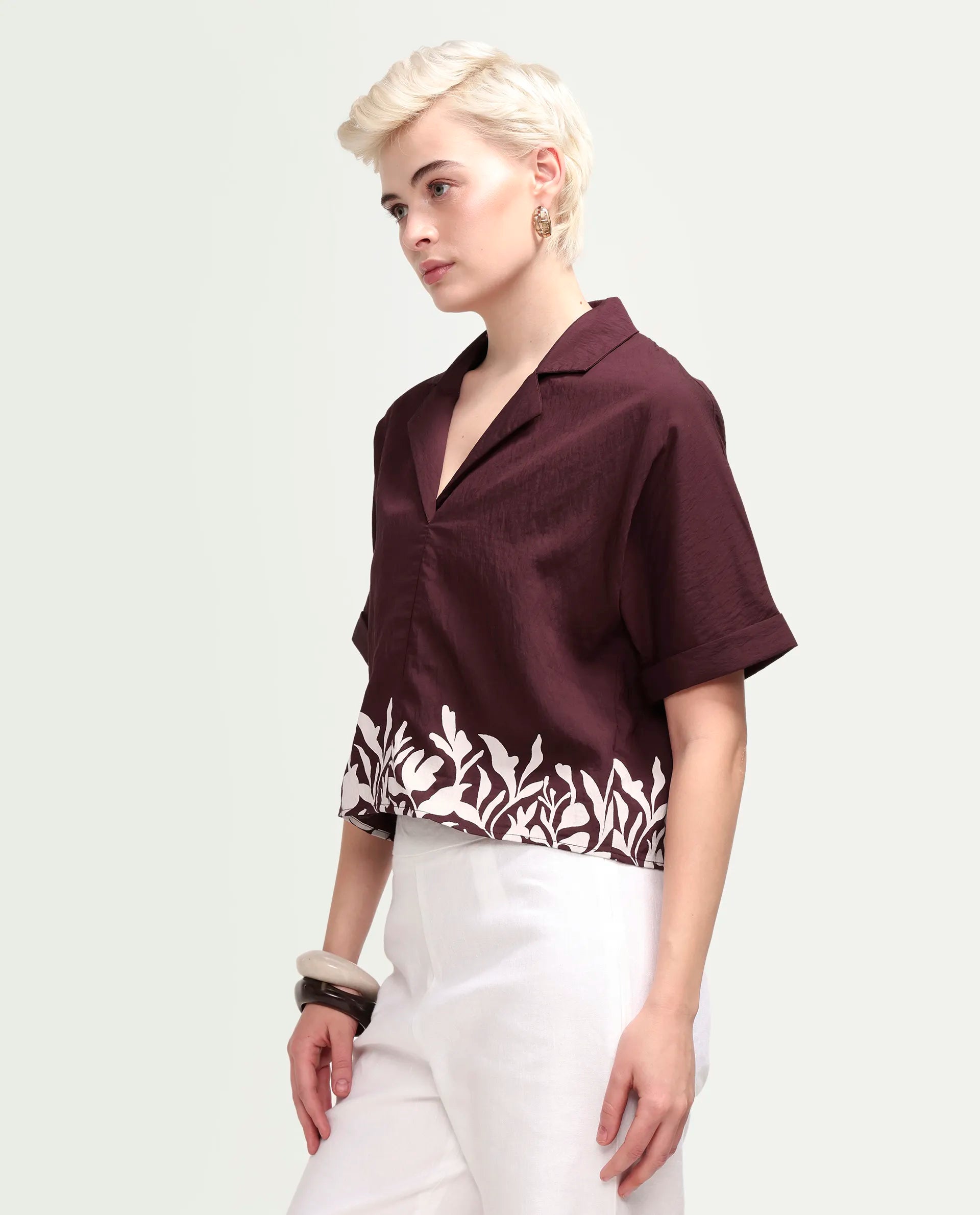 Rareism Women's Marlap Maroon Nylon Blend Half Sleeve Lapel Neck Regular Fit Abstract Print Top