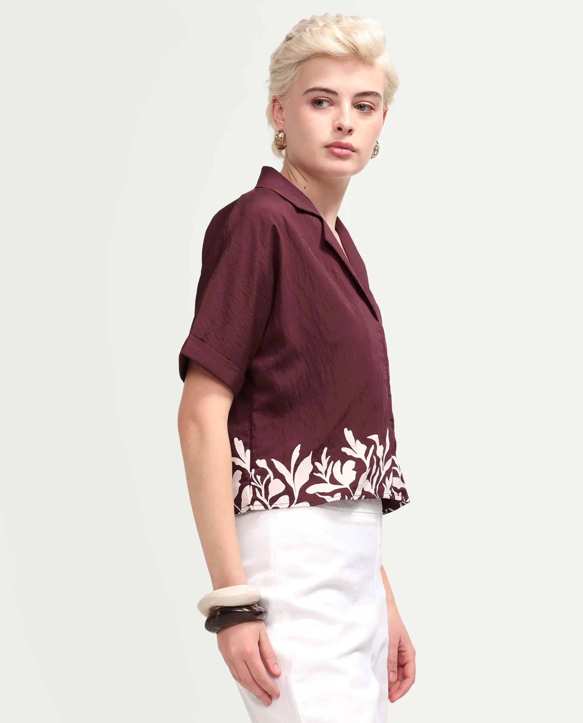 Rareism Women's Marlap Maroon Nylon Blend Half Sleeve Lapel Neck Regular Fit Abstract Print Top