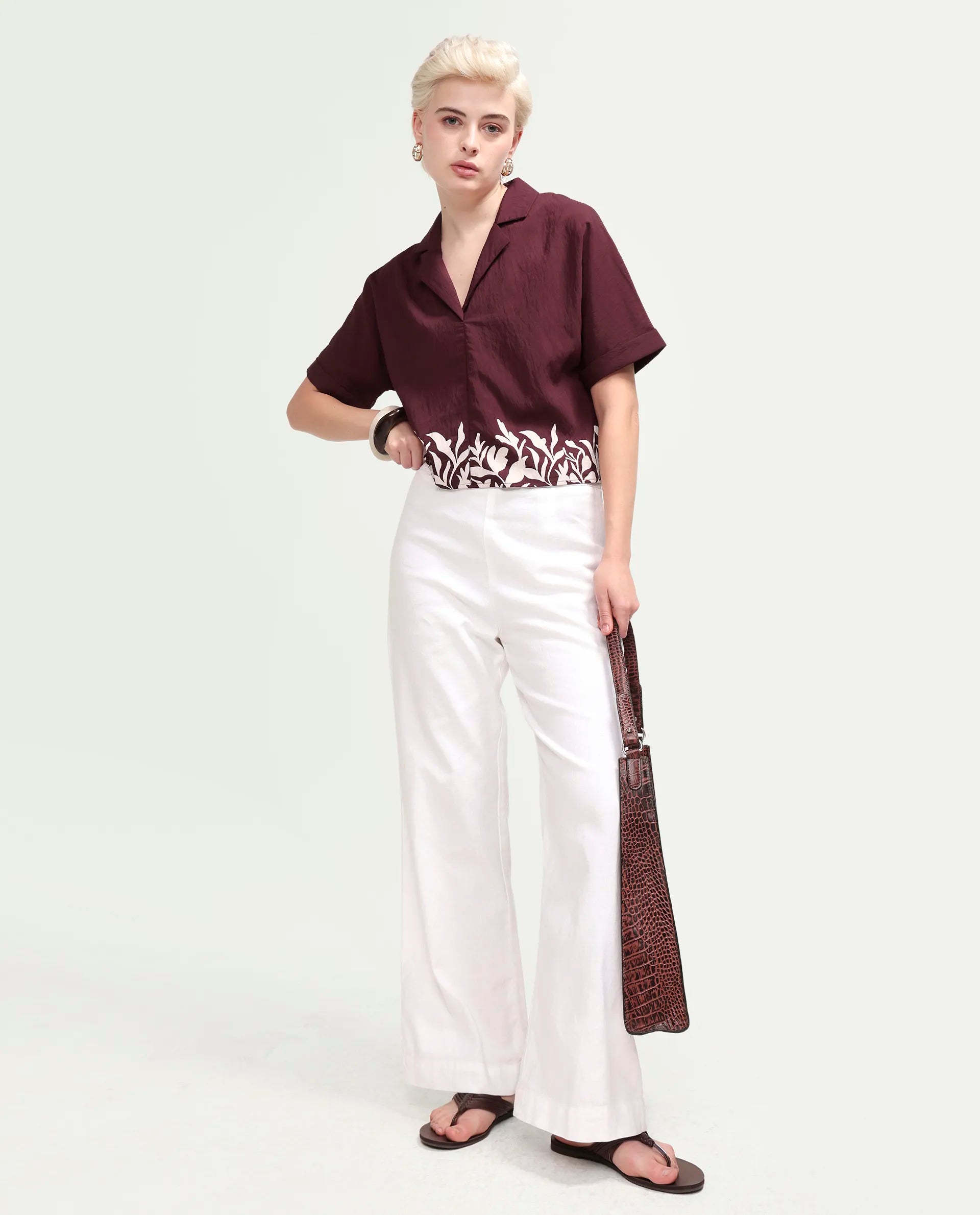 Rareism Women's Marlap Maroon Nylon Blend Half Sleeve Lapel Neck Regular Fit Abstract Print Top