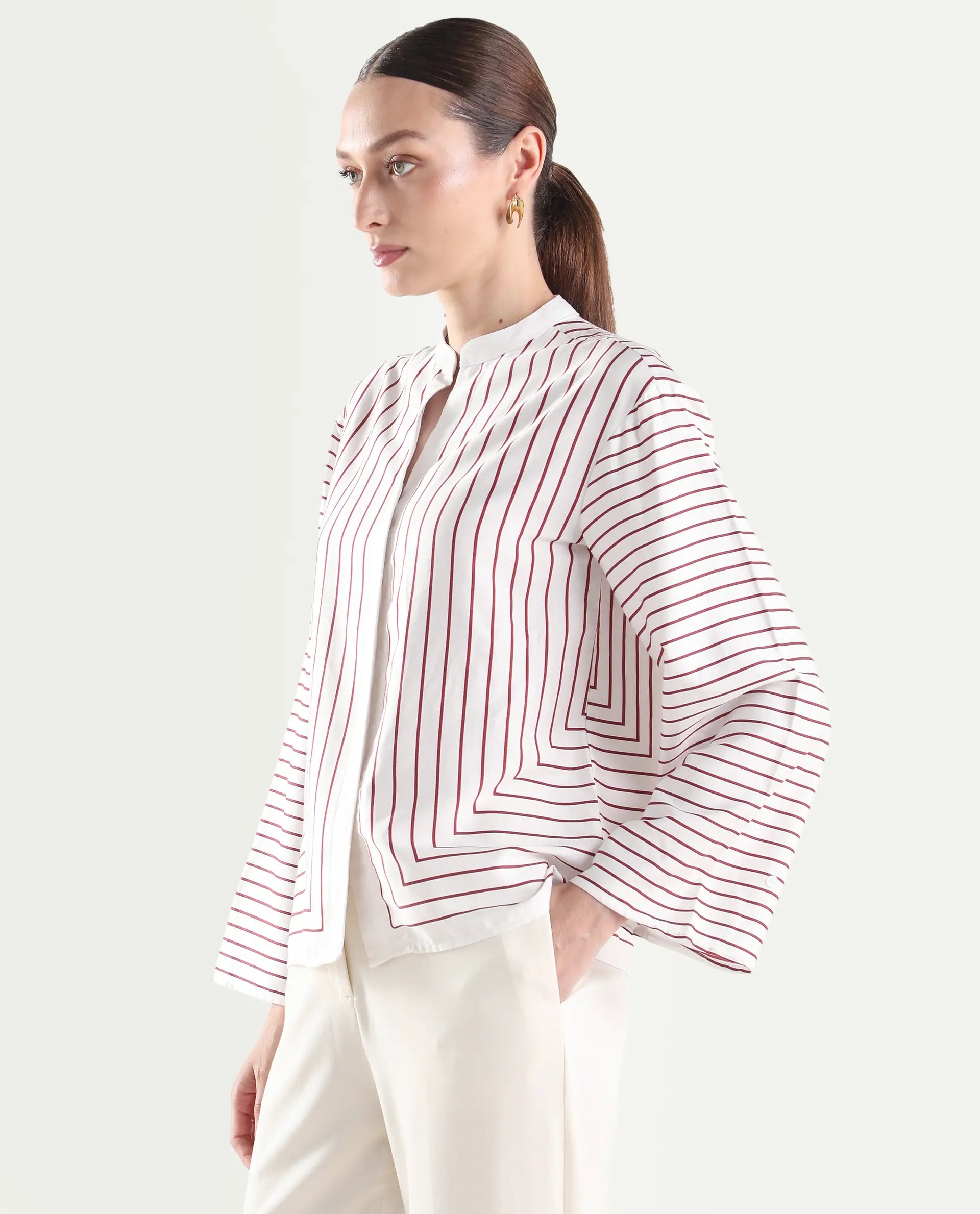 Rareism Women's Janlopo Red Cotton Blend Full Sleeve Mandarin Collar Relaxed Fit Striped Top