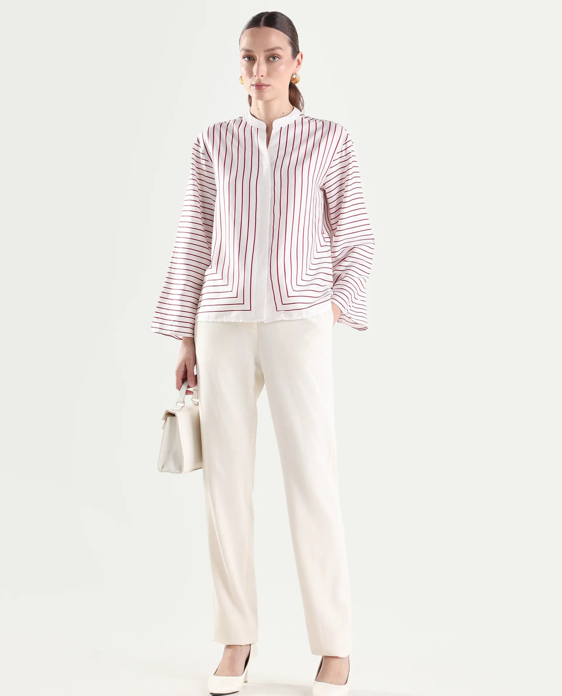 Rareism Women's Janlopo Red Cotton Blend Full Sleeve Mandarin Collar Relaxed Fit Striped Top