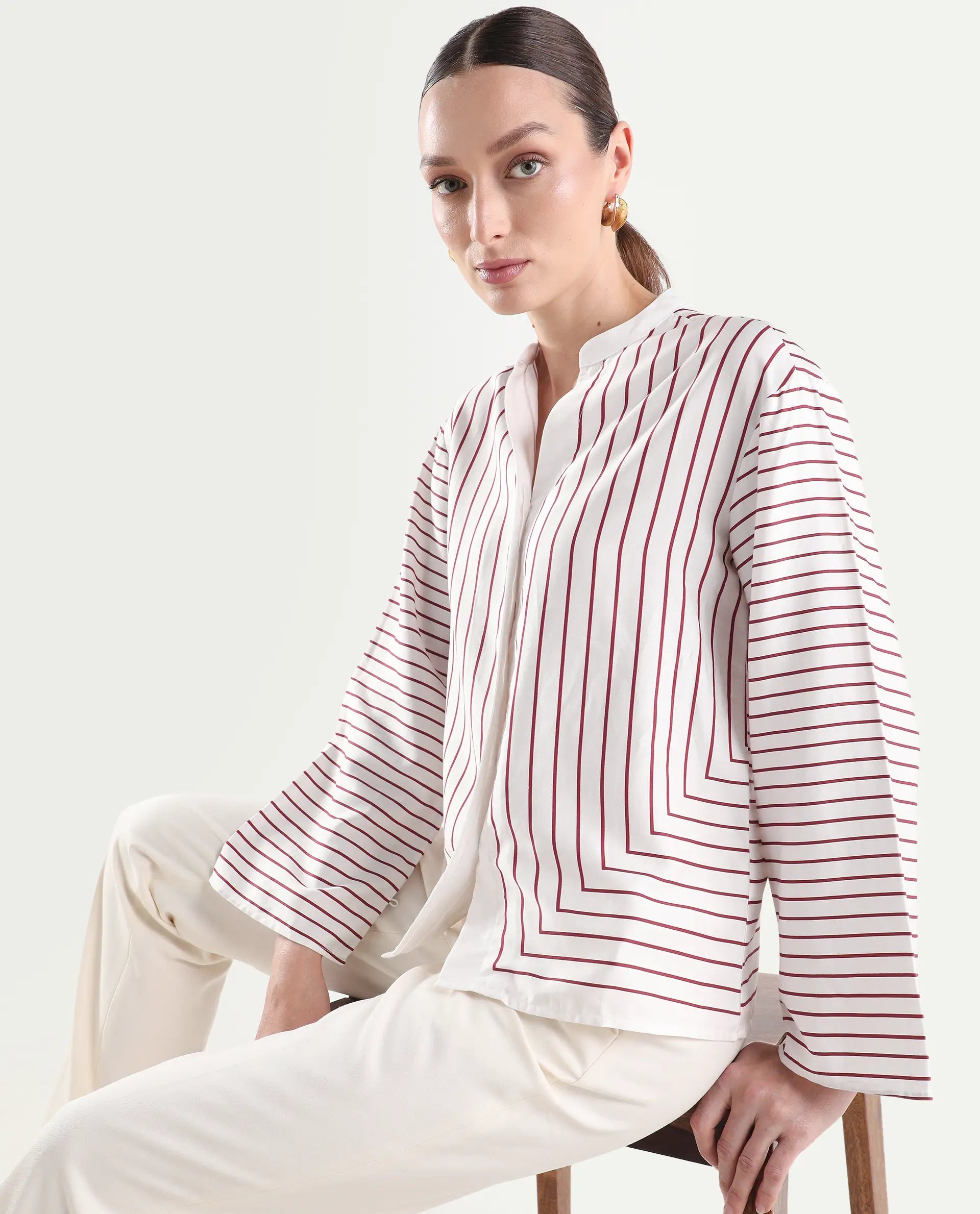 Rareism Women's Janlopo Red Cotton Blend Full Sleeve Mandarin Collar Relaxed Fit Striped Top