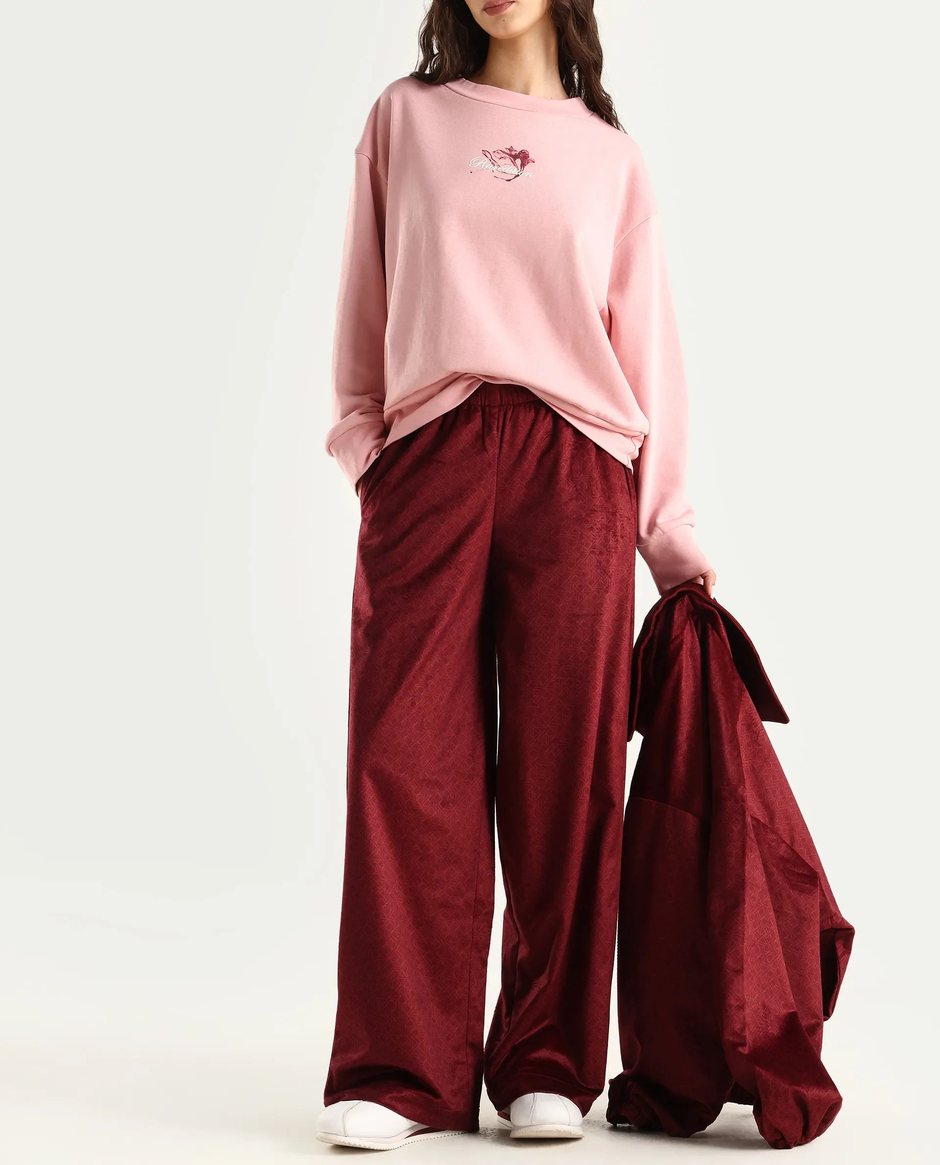 Rareism Women's Jacamo-B Maroon Polyester Straight Monogram Print Trouser