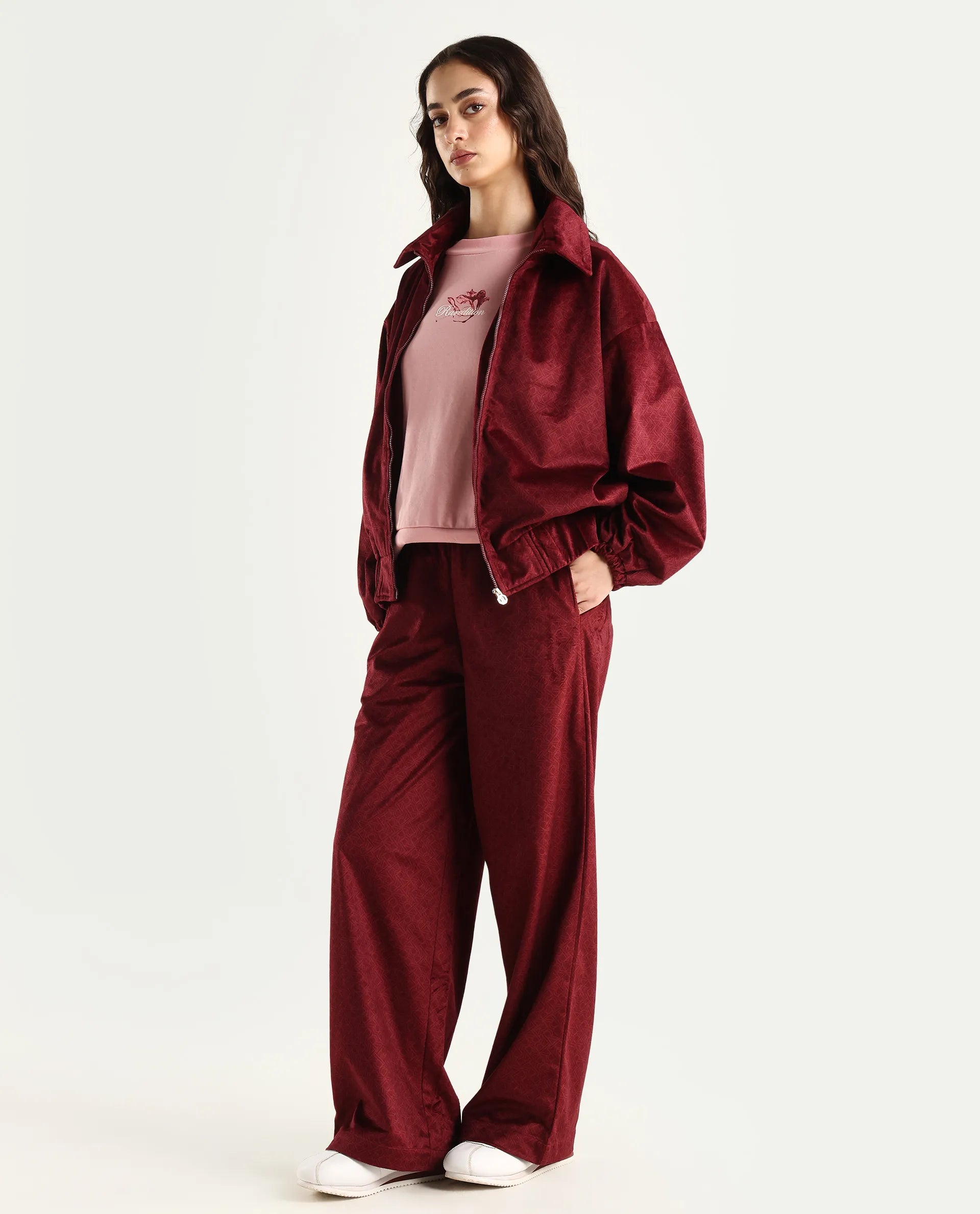 Rareism Women's Jacamo-B Maroon Polyester Straight Monogram Print Trouser