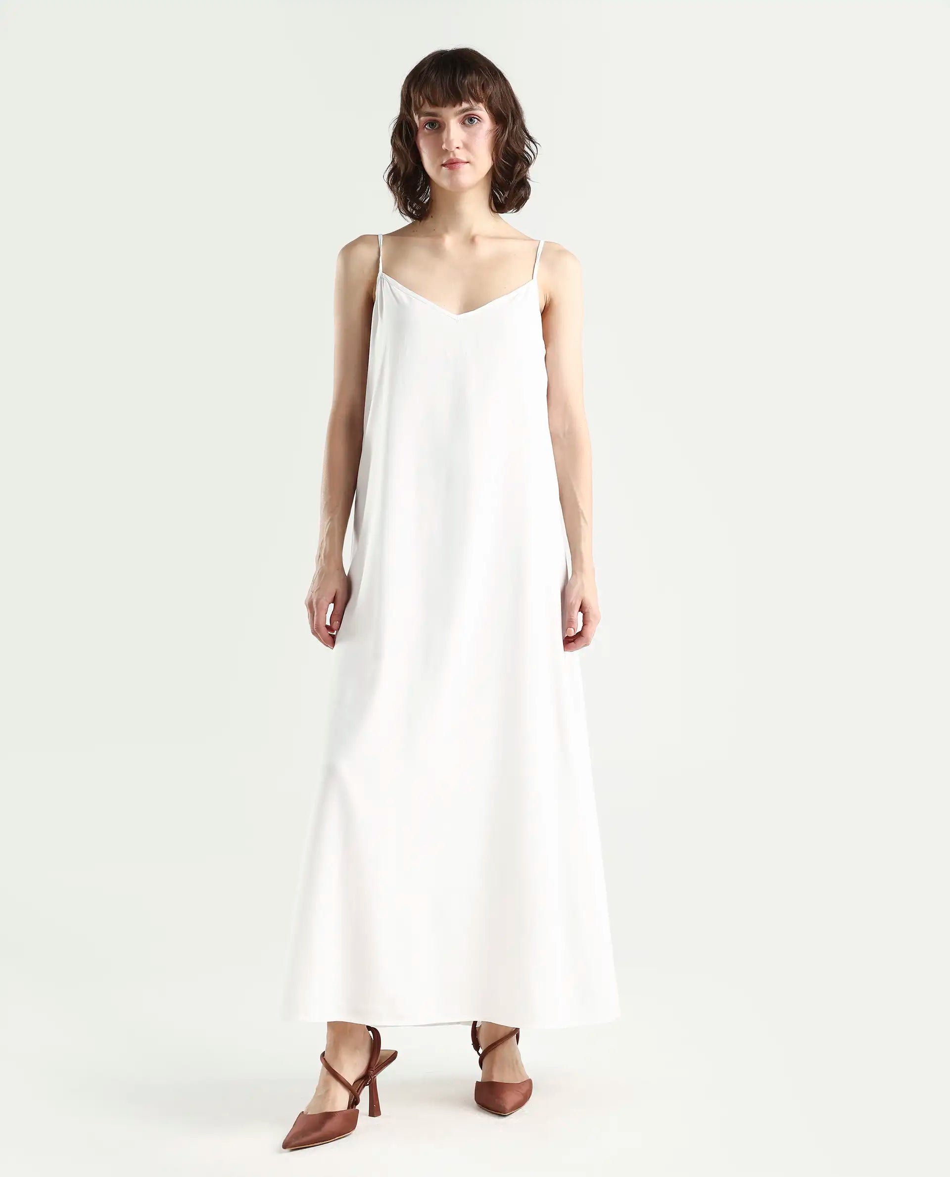 Rareism Women's Aronam Beige Viscose Blend Half Sleeve Crew Neck Flared Dress