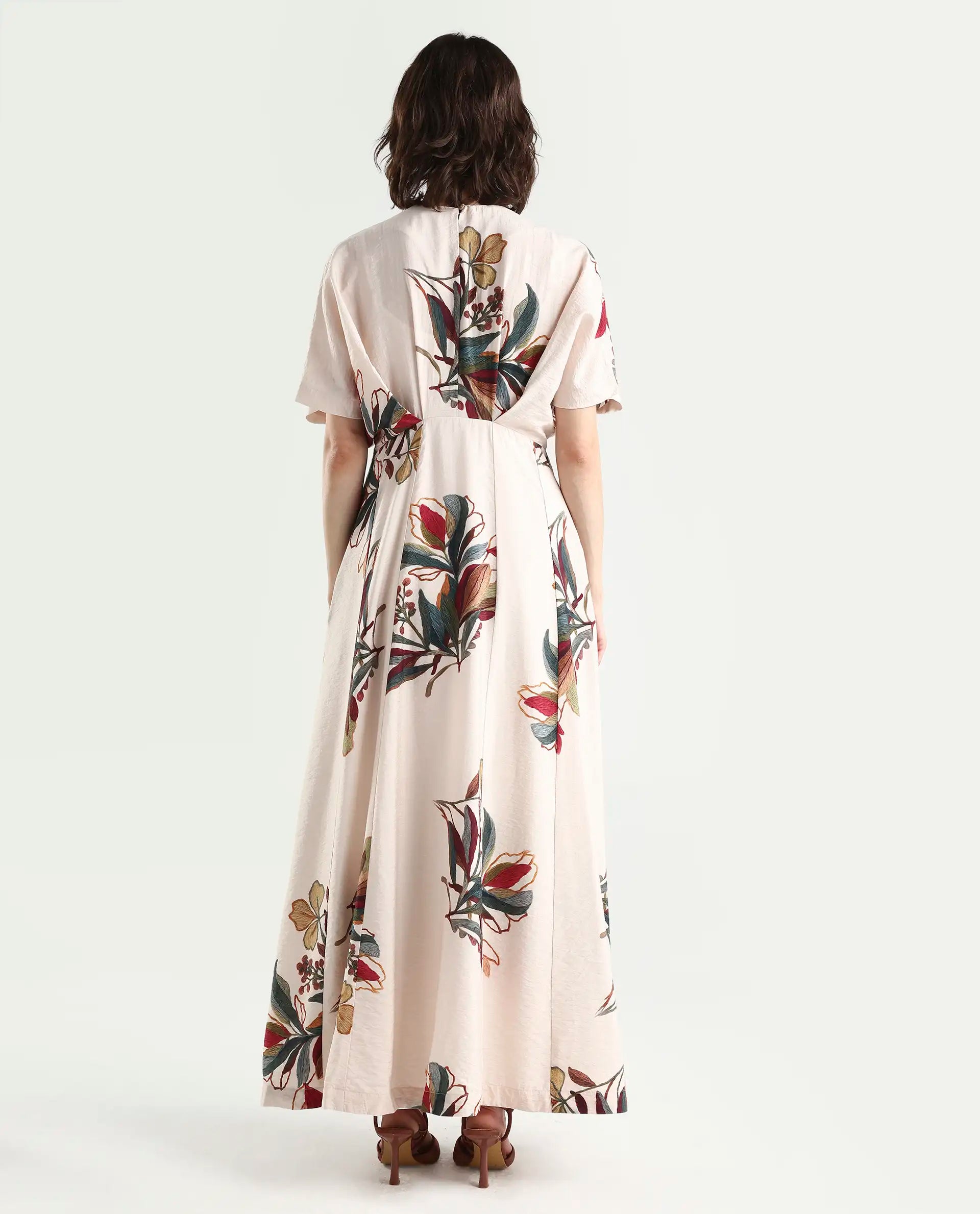 Rareism Women's Aronam Beige Viscose Blend Half Sleeve Crew Neck Flared Dress