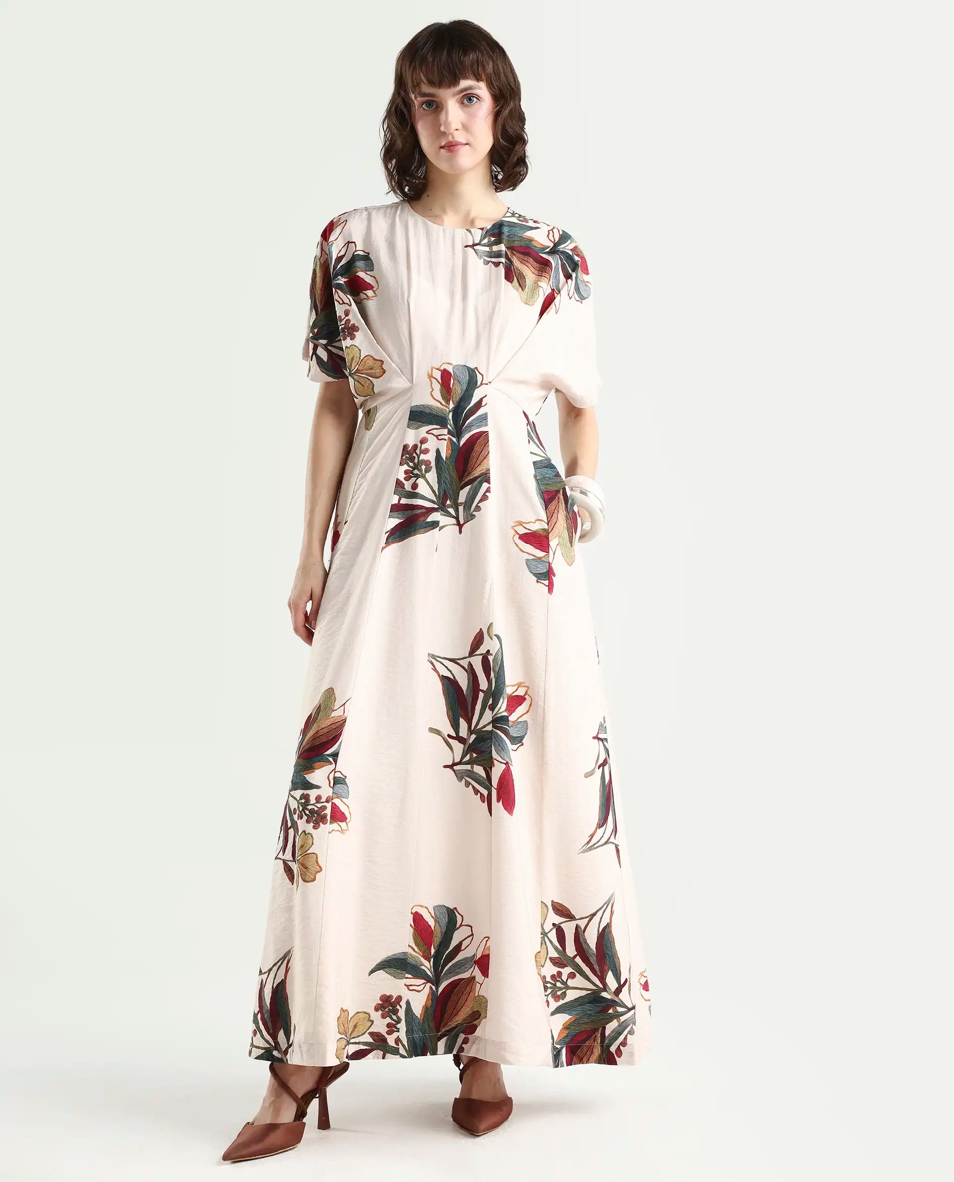 Rareism Women's Aronam Beige Viscose Blend Half Sleeve Crew Neck Flared Dress