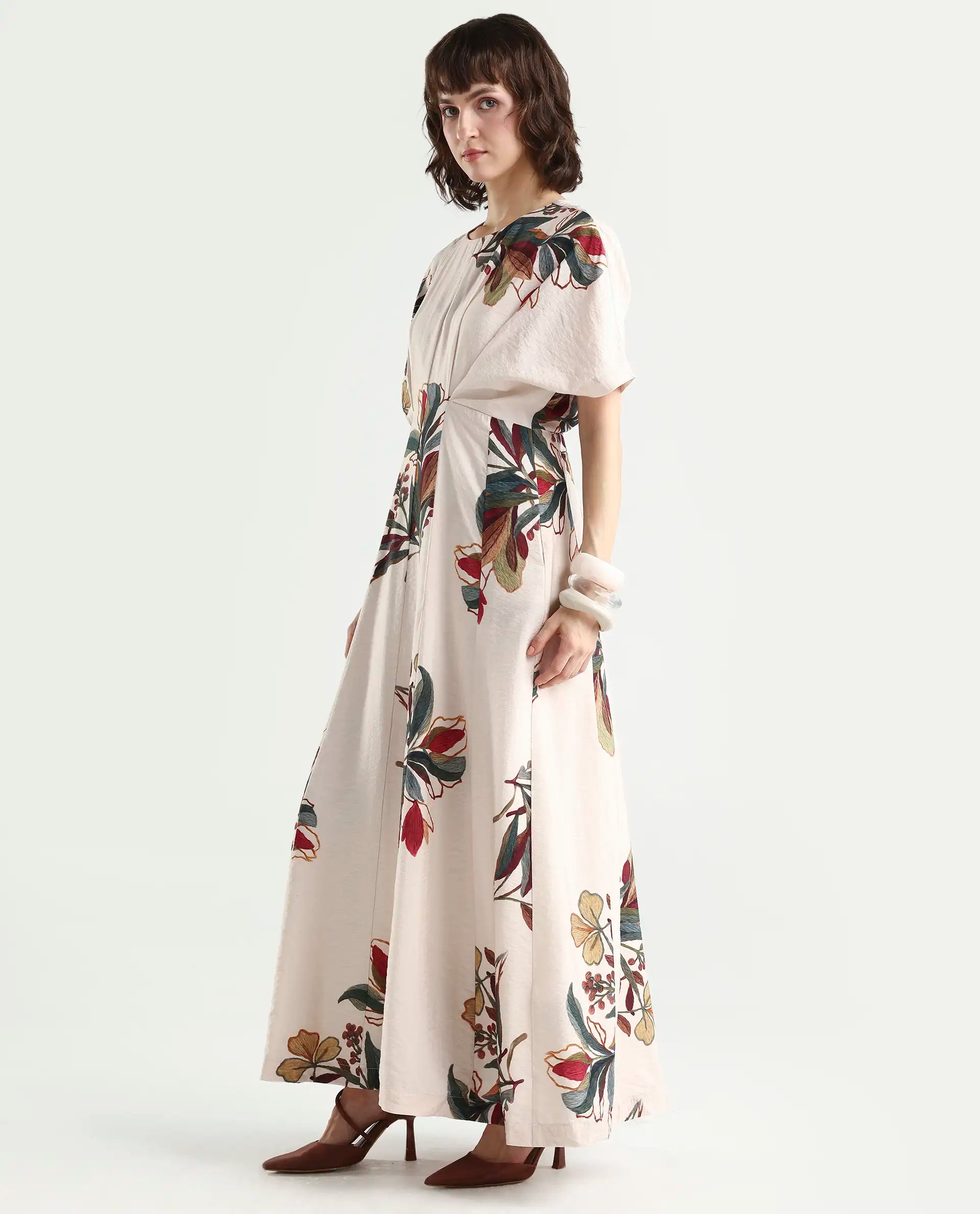 Rareism Women's Aronam Beige Viscose Blend Half Sleeve Crew Neck Flared Dress