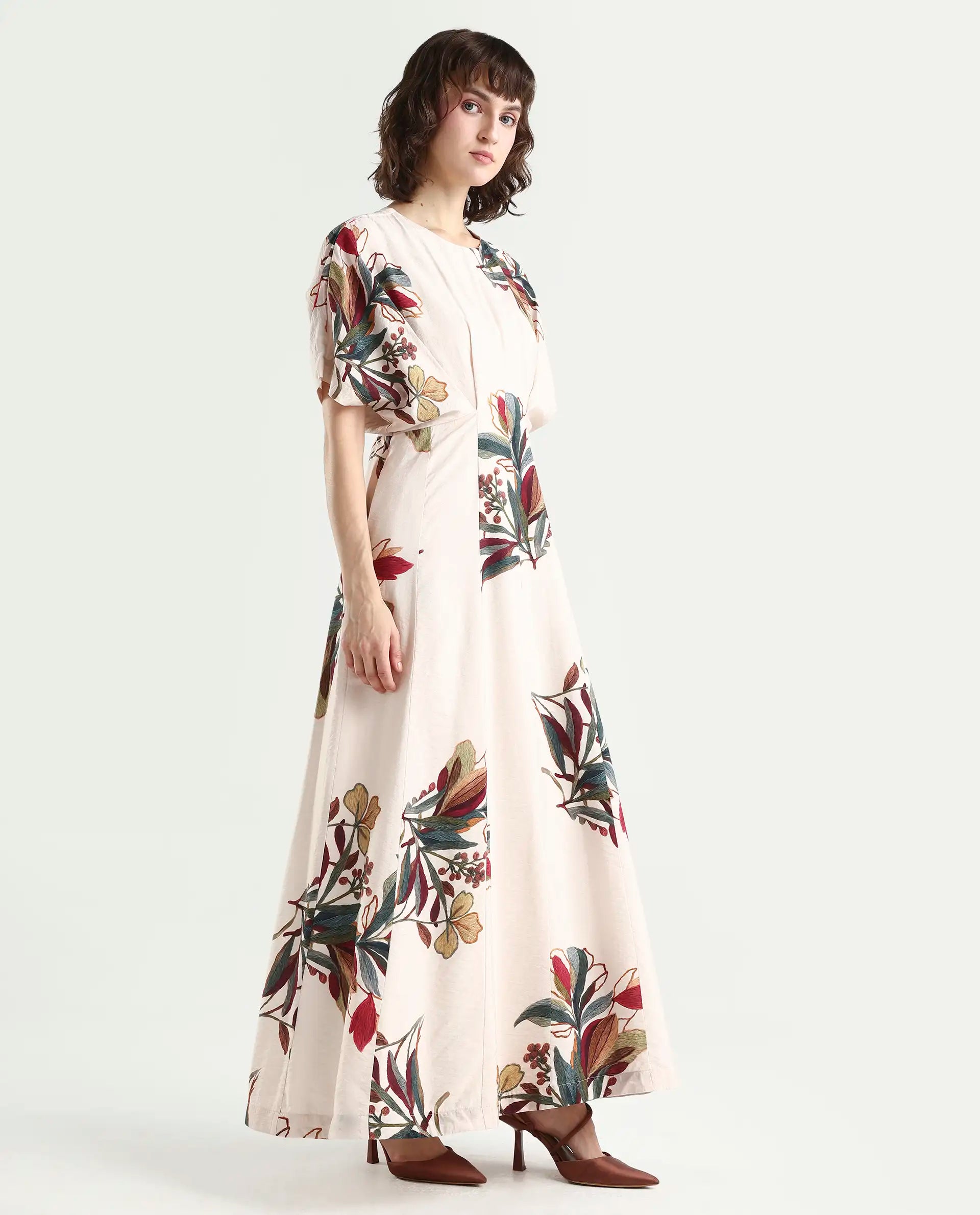 Rareism Women's Aronam Beige Viscose Blend Half Sleeve Crew Neck Flared Dress