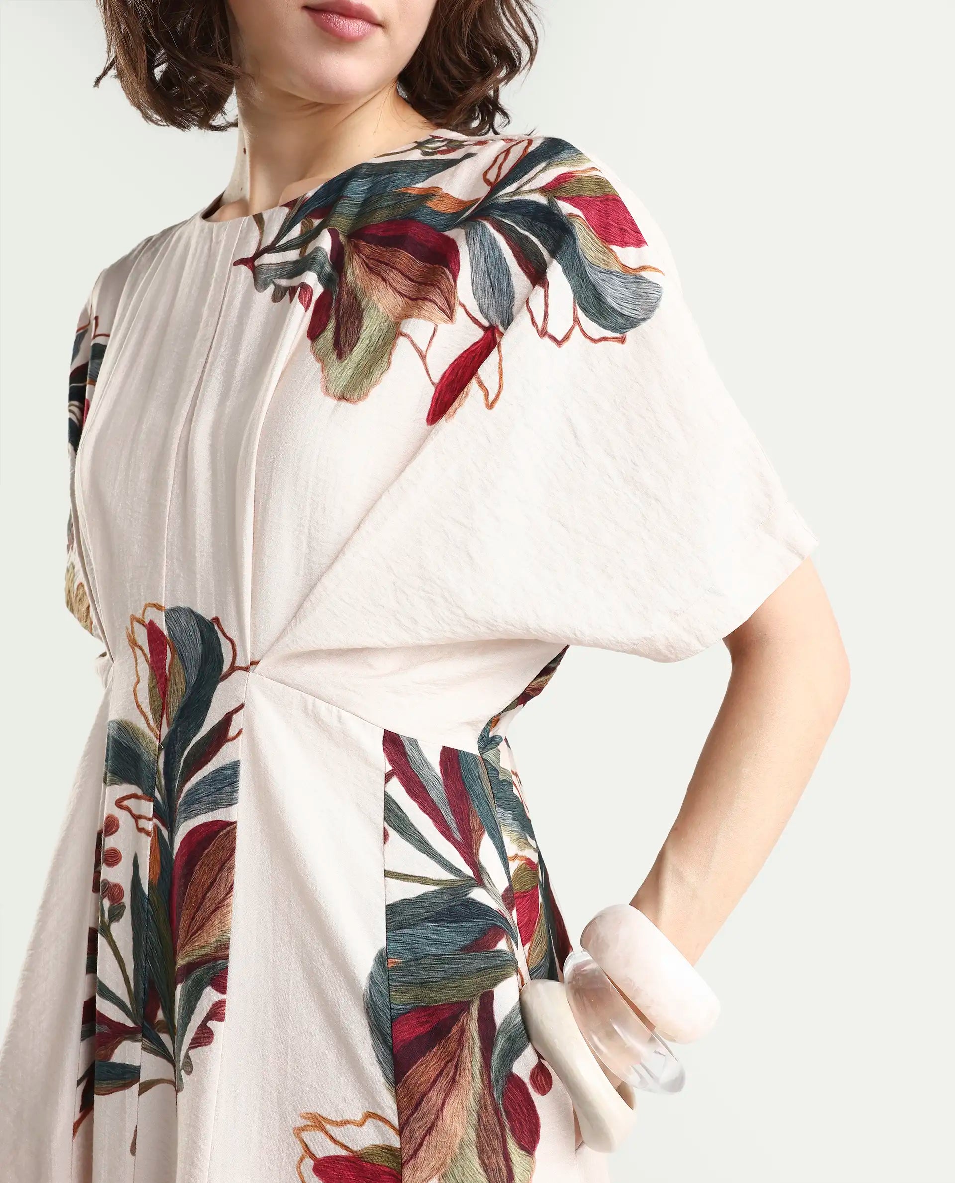 Rareism Women's Aronam Beige Viscose Blend Half Sleeve Crew Neck Flared Dress