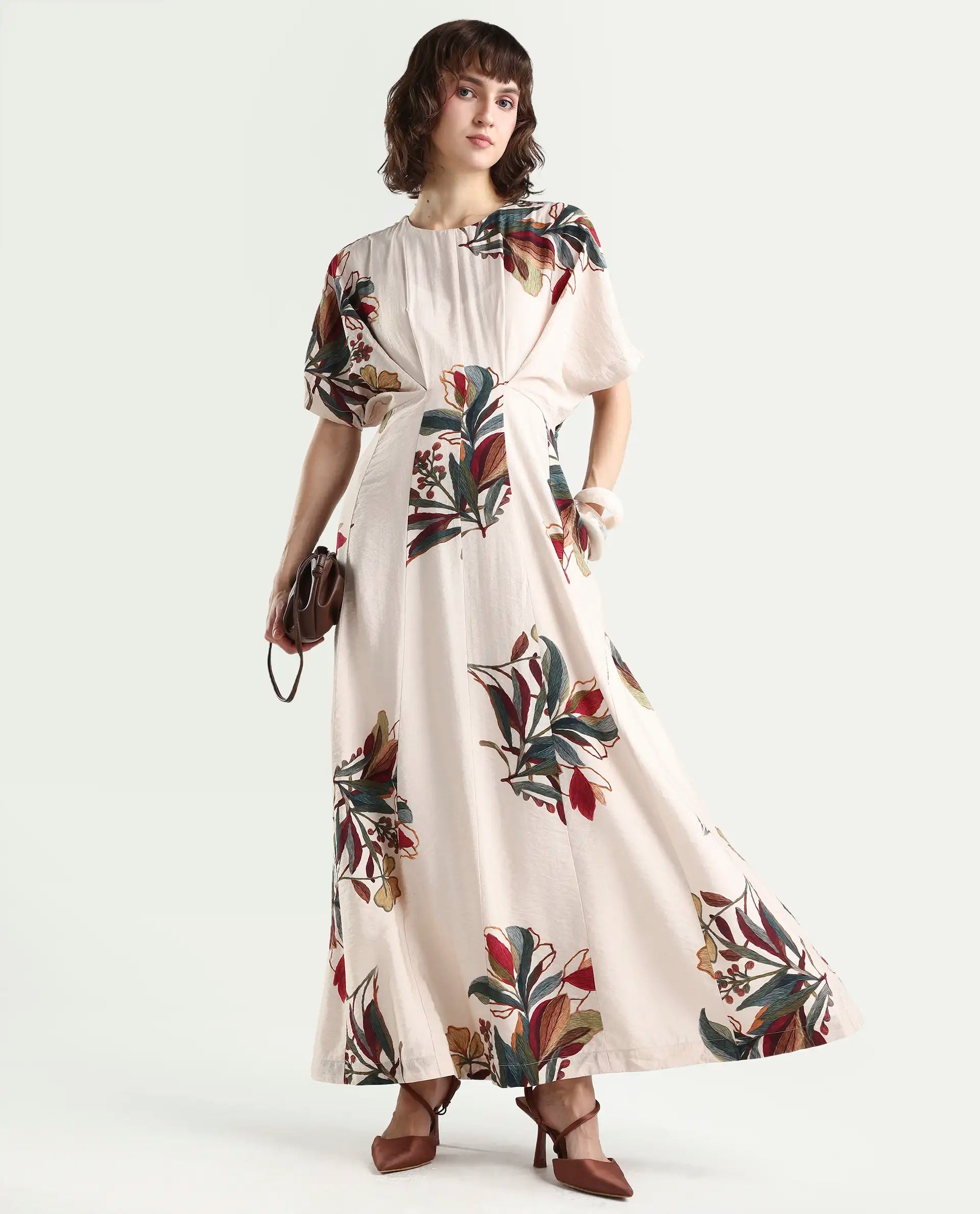 Rareism Women's Aronam Beige Viscose Blend Half Sleeve Crew Neck Flared Dress