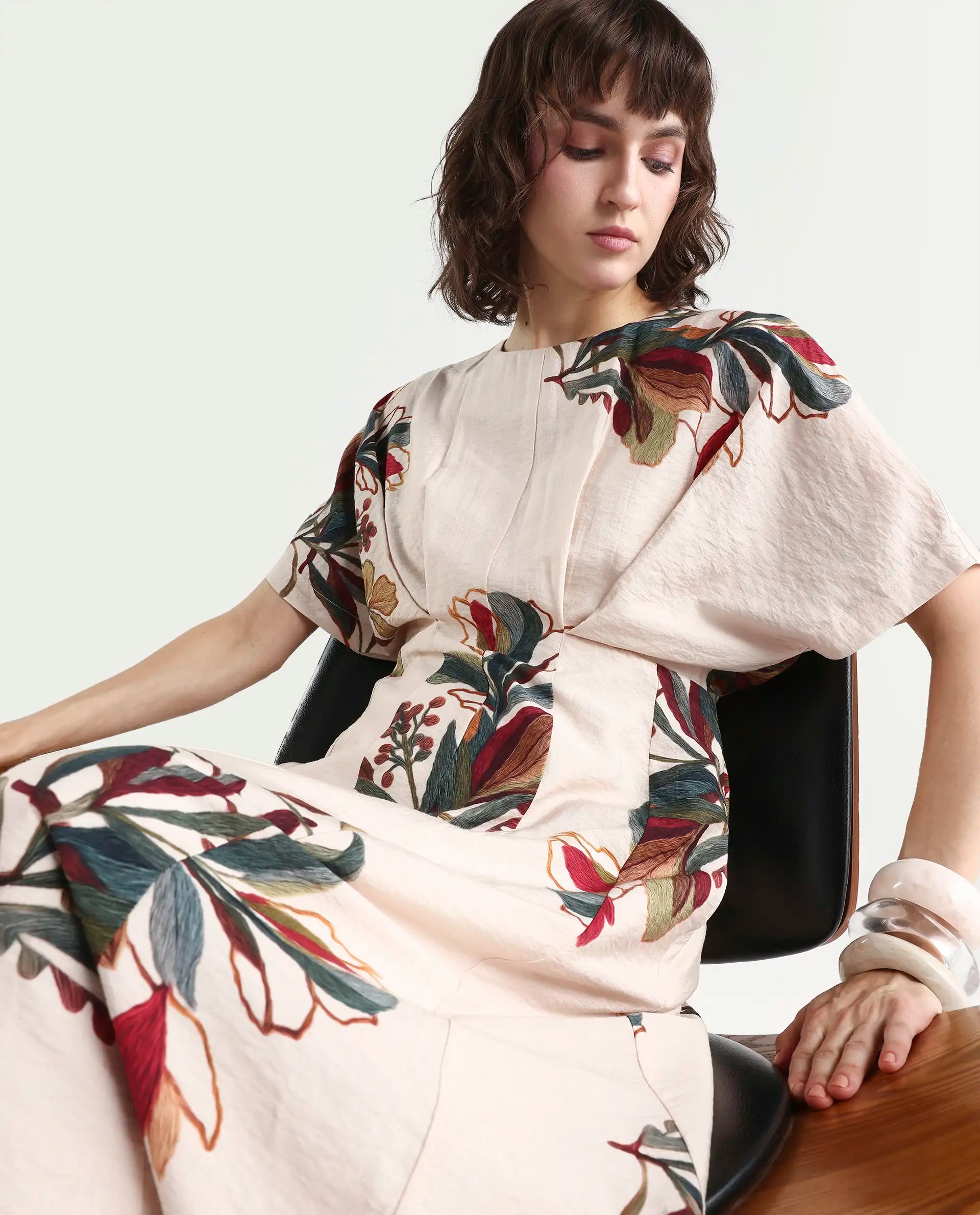 Rareism Women's Aronam Beige Viscose Blend Half Sleeve Crew Neck Flared Dress