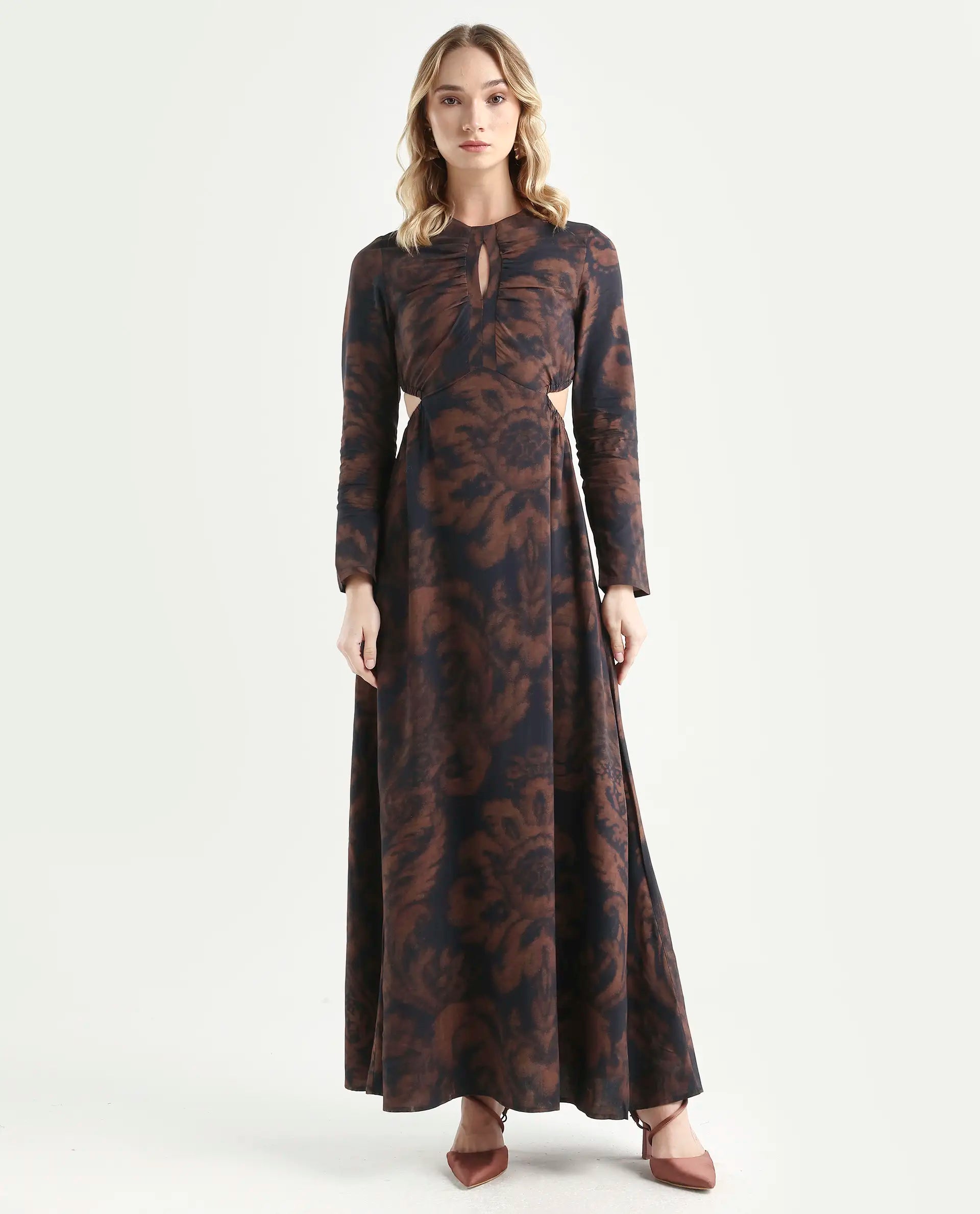 Rareism Women's Azor Dark Brown Viscose Fit & Flare Maxi Dress