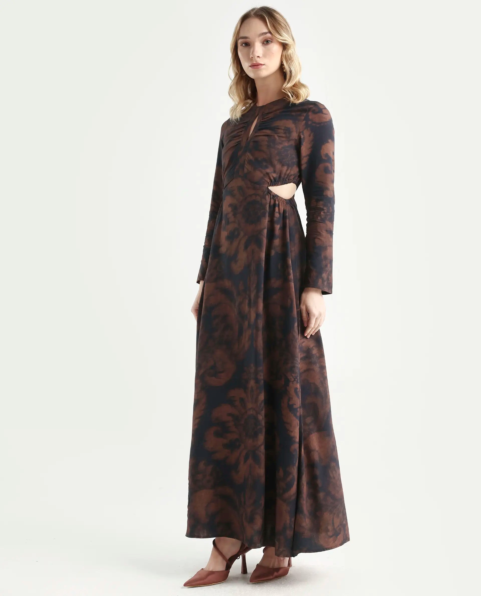 Rareism Women's Azor Dark Brown Viscose Fit & Flare Maxi Dress
