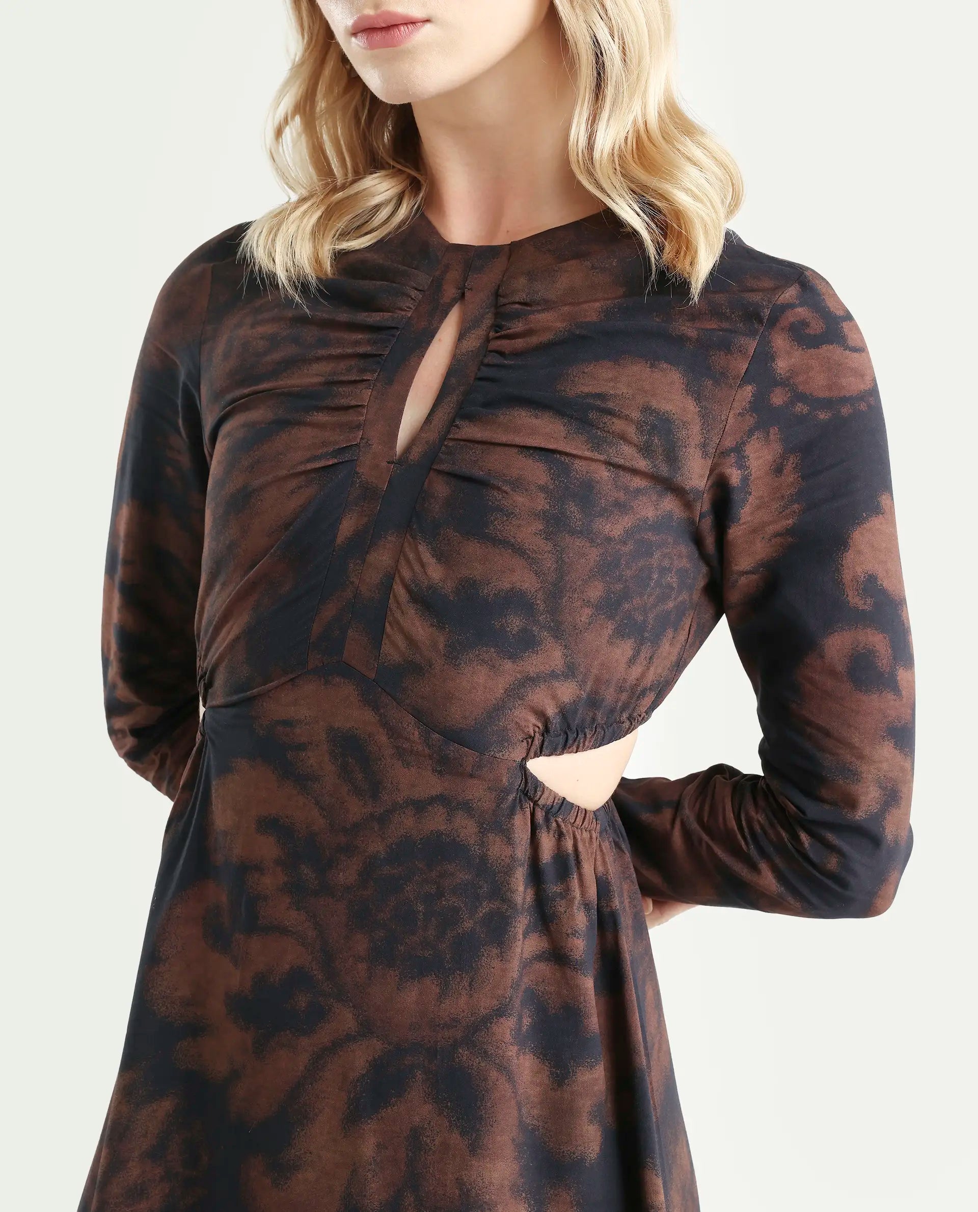 Rareism Women's Azor Dark Brown Viscose Fit & Flare Maxi Dress