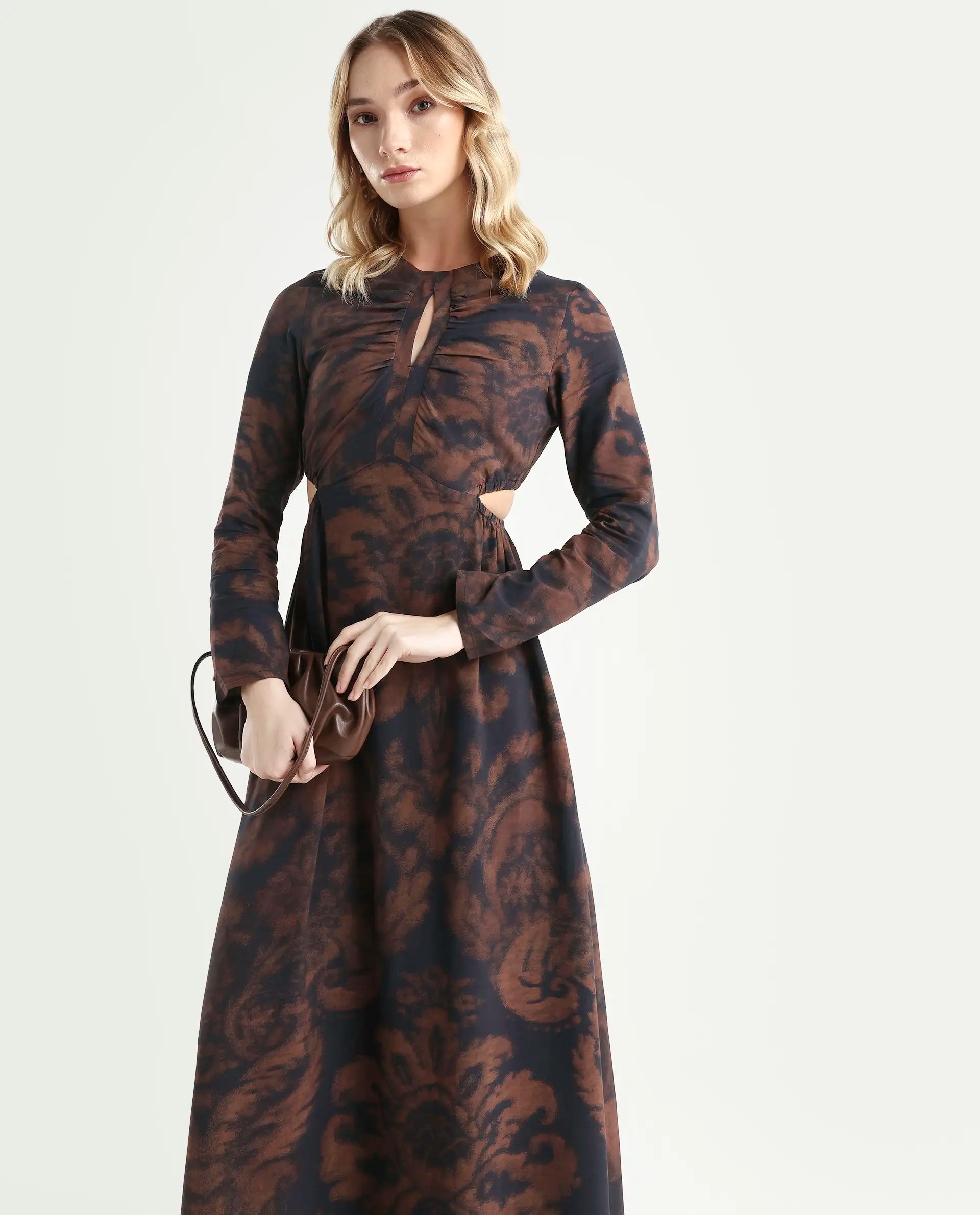 Rareism Women's Azor Dark Brown Viscose Fit & Flare Maxi Dress