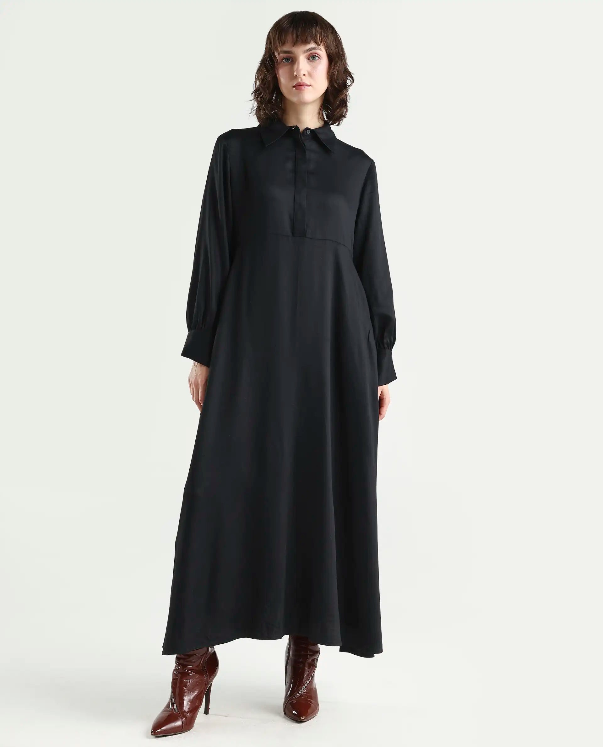 Rareism Women's Ane Black Viscose Full Sleeve Spread Collar Fit And Flare Dress