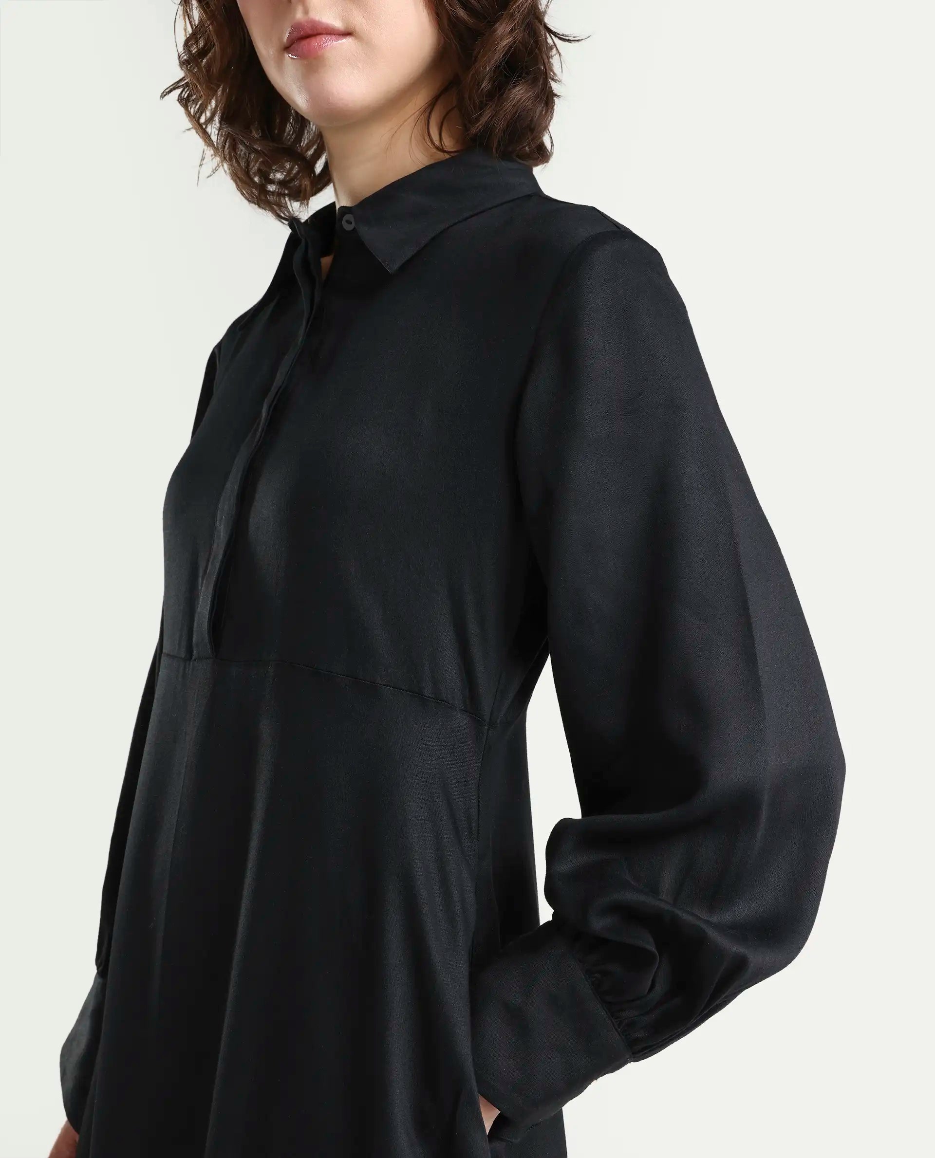 Rareism Women's Ane Black Viscose Full Sleeve Spread Collar Fit And Flare Dress