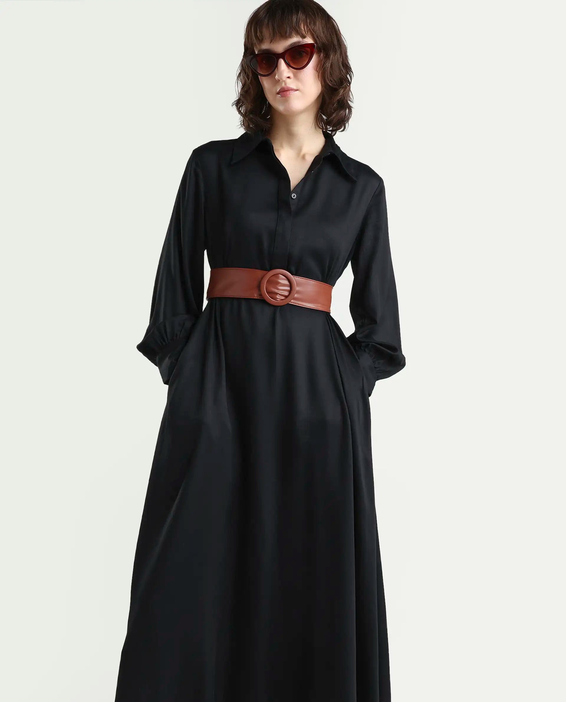 Rareism Women's Ane Black Viscose Full Sleeve Spread Collar Fit And Flare Dress