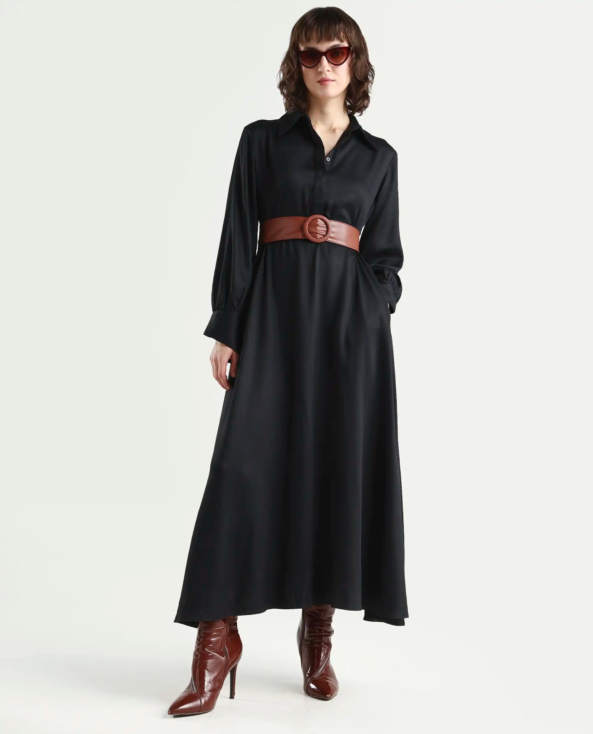 Rareism Women's Ane Black Viscose Full Sleeve Spread Collar Fit And Flare Dress