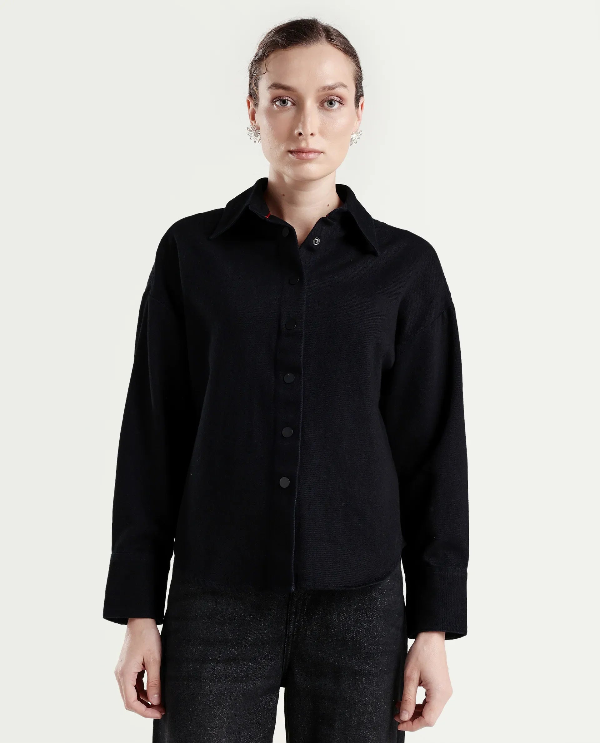 Rareism Women's Deniro Dark Blue Cotton Spread Collar Boxy Plain Shirt