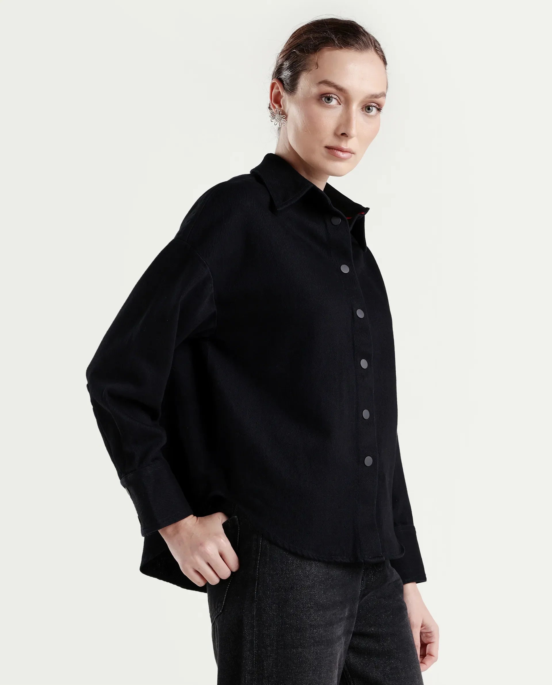 Rareism Women's Deniro Dark Blue Cotton Spread Collar Boxy Plain Shirt