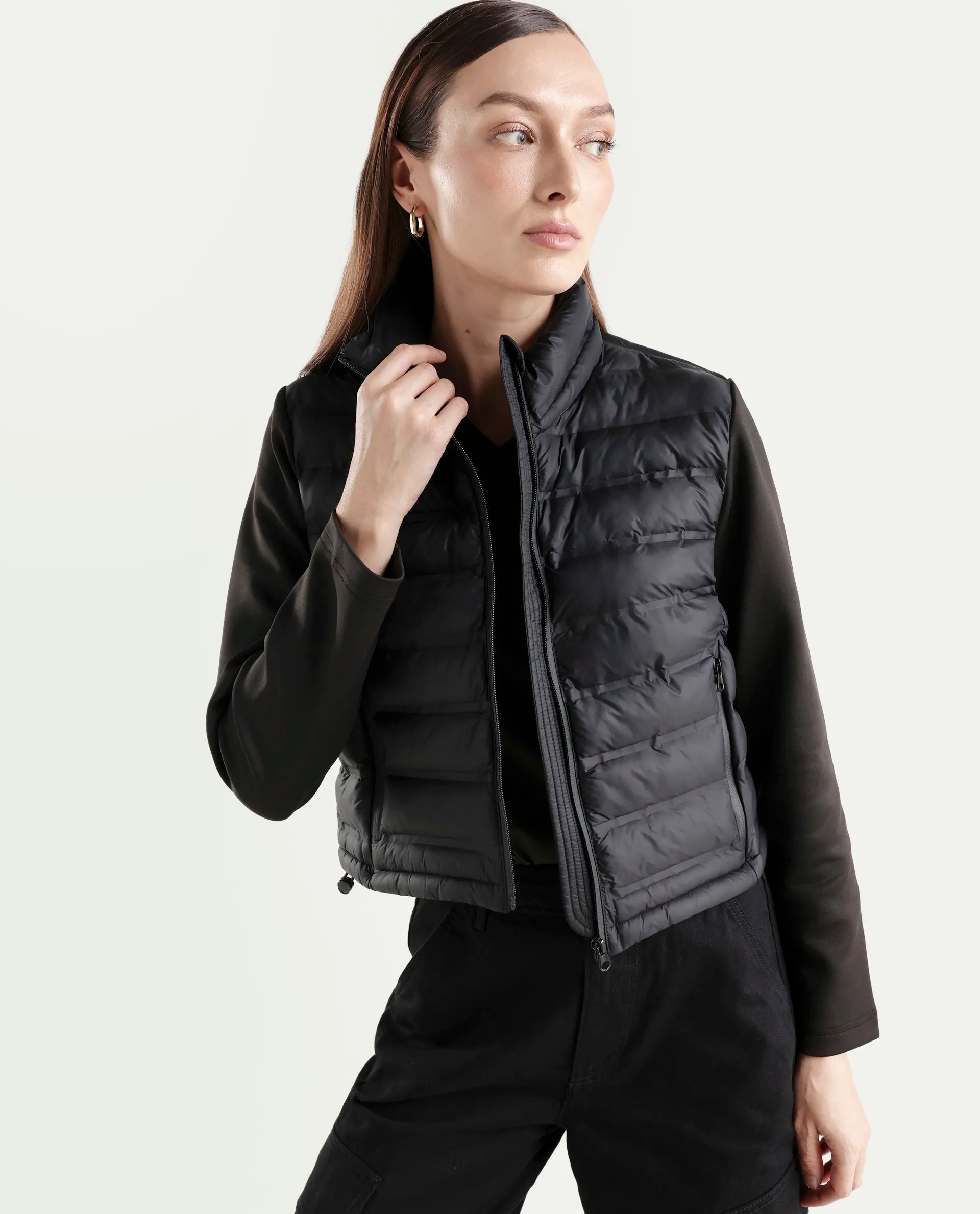 Rareism Women's Zarcru Black Nylon Round Collar Regular Plain Jacket