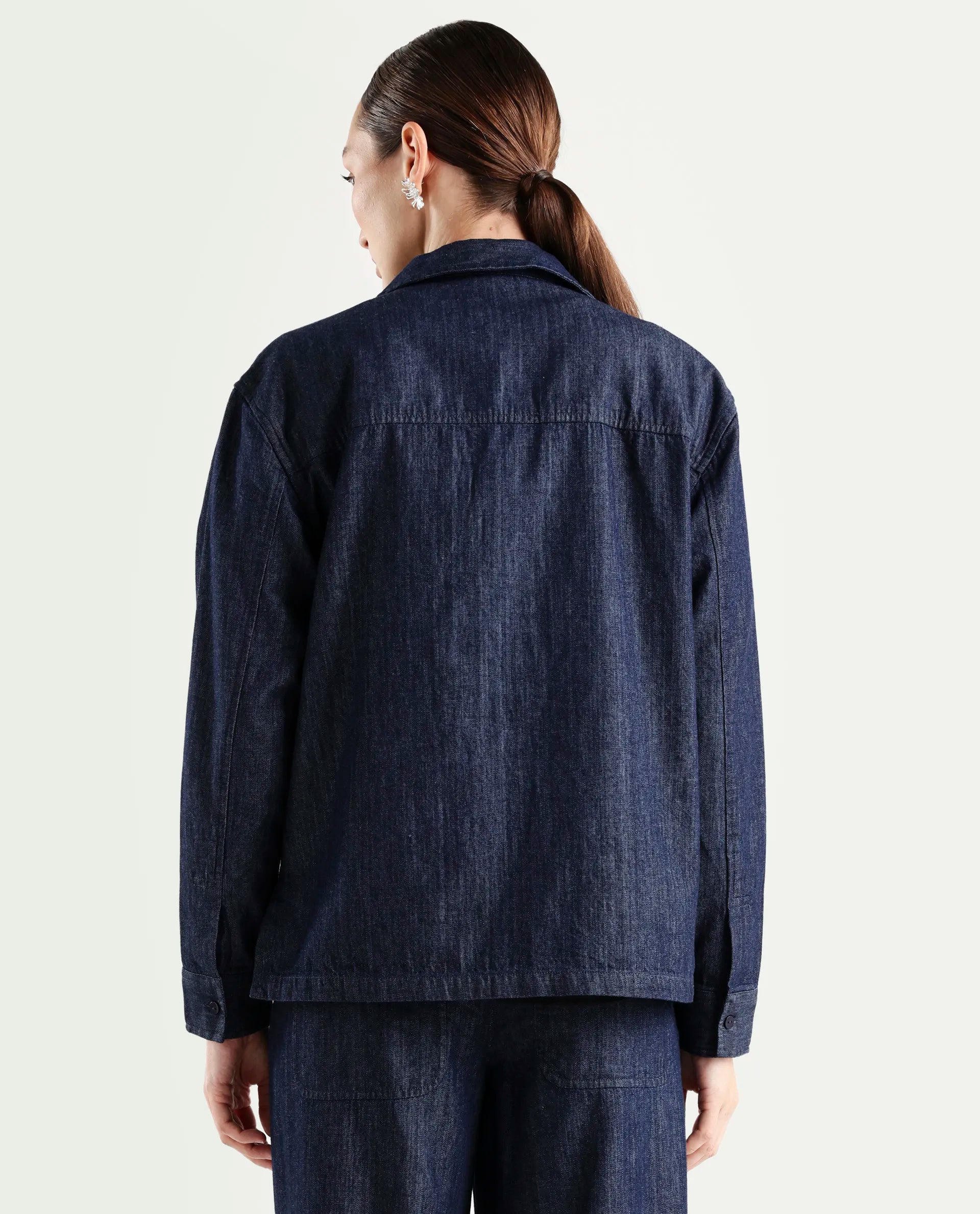 Rareism Women's Dento Blue Cotton Spread Collar Relaxed Plain Top