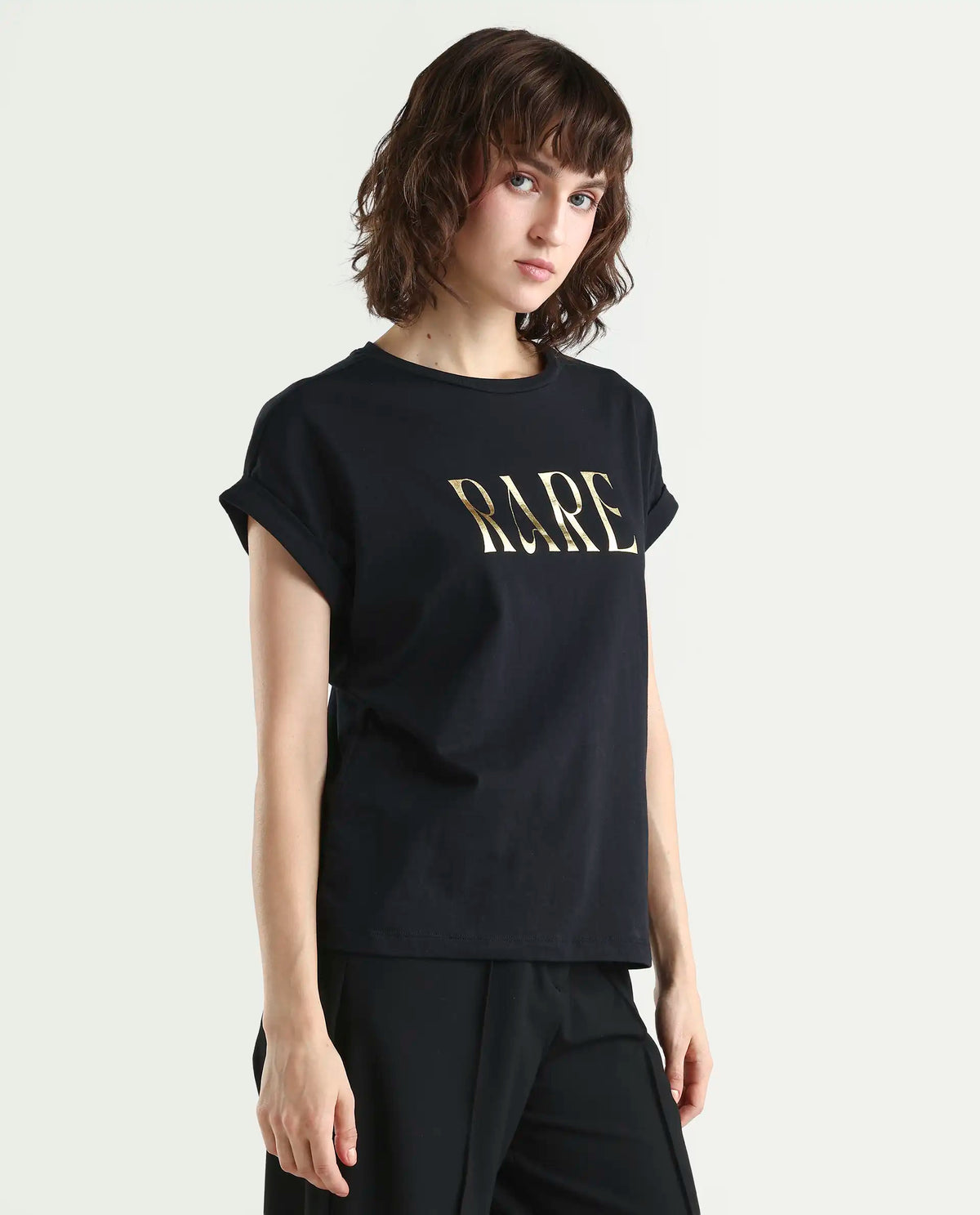 Rareism Women's Bhars Black Cotton Crew Neck Regular Fit Typography Print T-Shirt