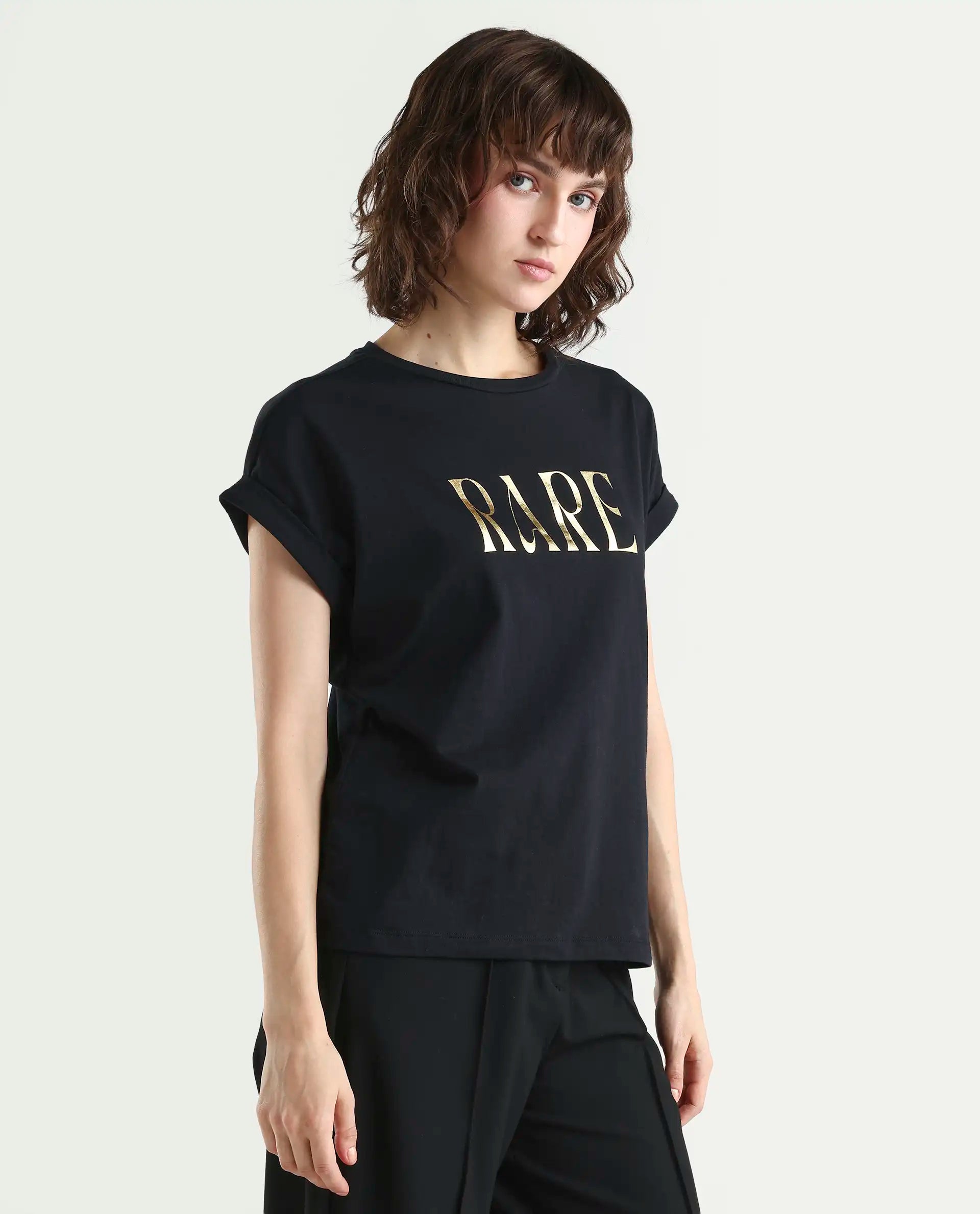 Rareism Women's Bhars Black Cotton Crew Neck Regular Fit Typography Print T-Shirt