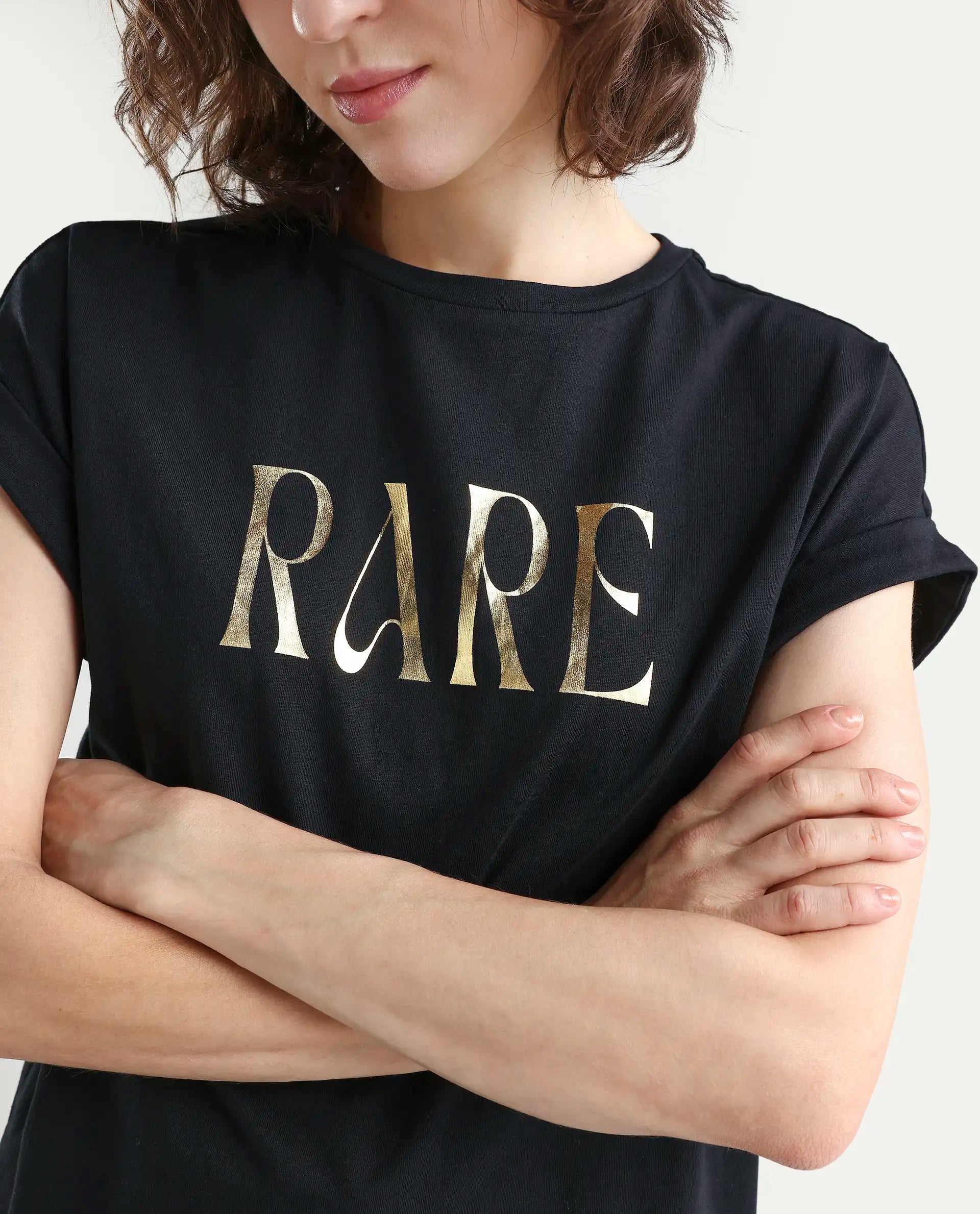 Rareism Women's Bhars Black Viscose Blend Crew Neck Regular Fit Typography Print T-Shirt