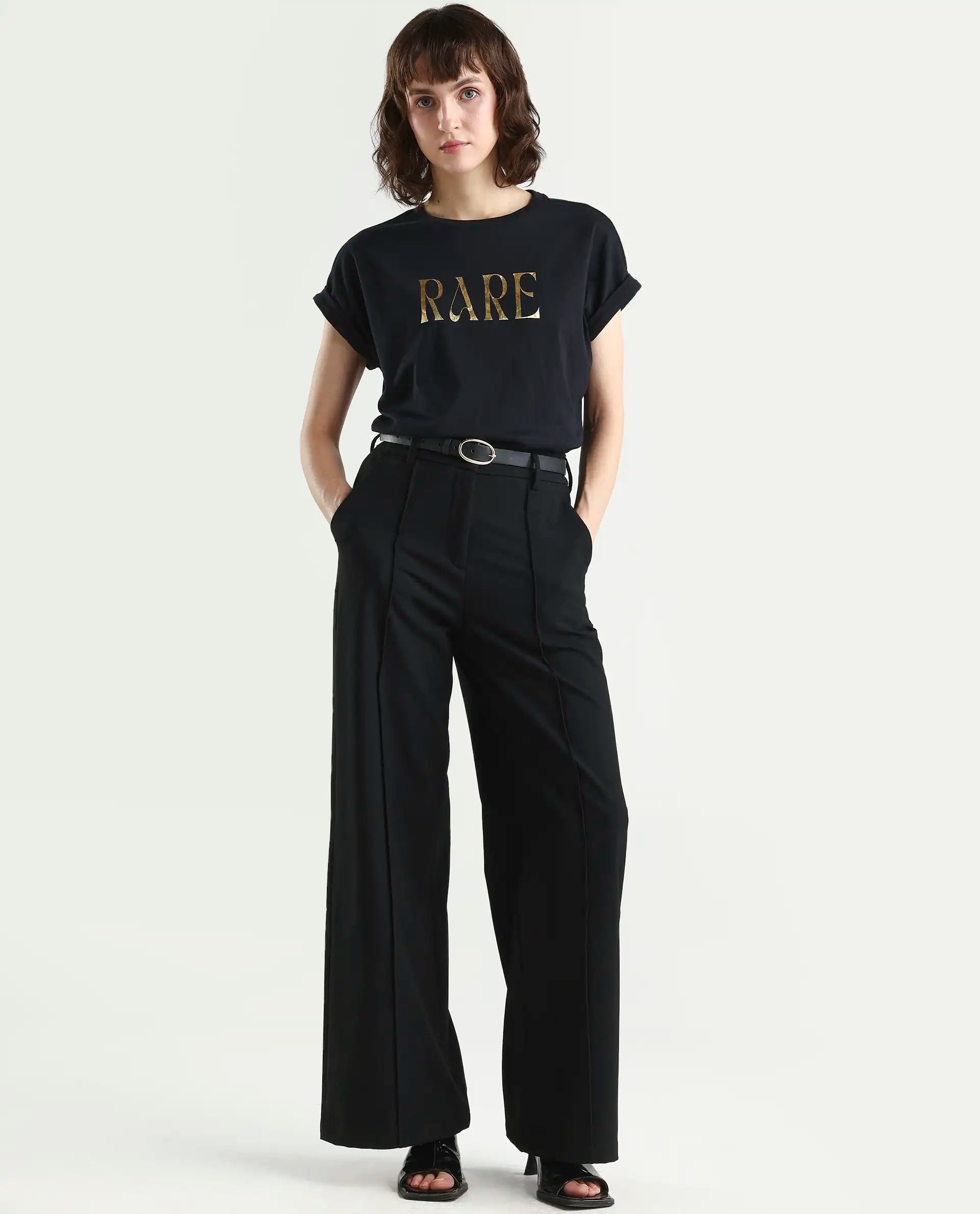 Rareism Women's Bhars Black Cotton Crew Neck Regular Fit Typography Print T-Shirt