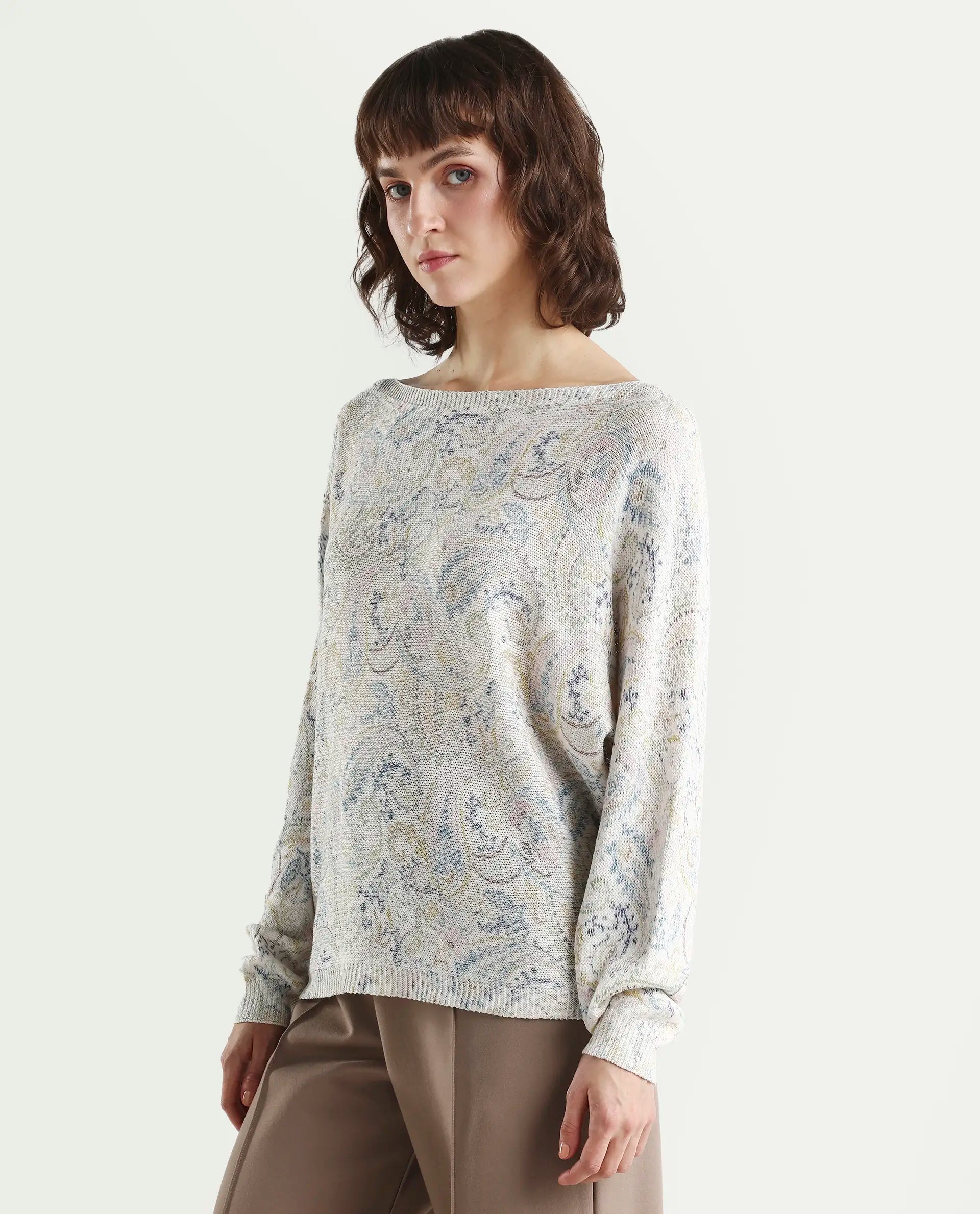 Rareism Women's Sovo Light Multi Viscose Blend Full Sleeve Boat Neck Relaxed Fit Paisley Top