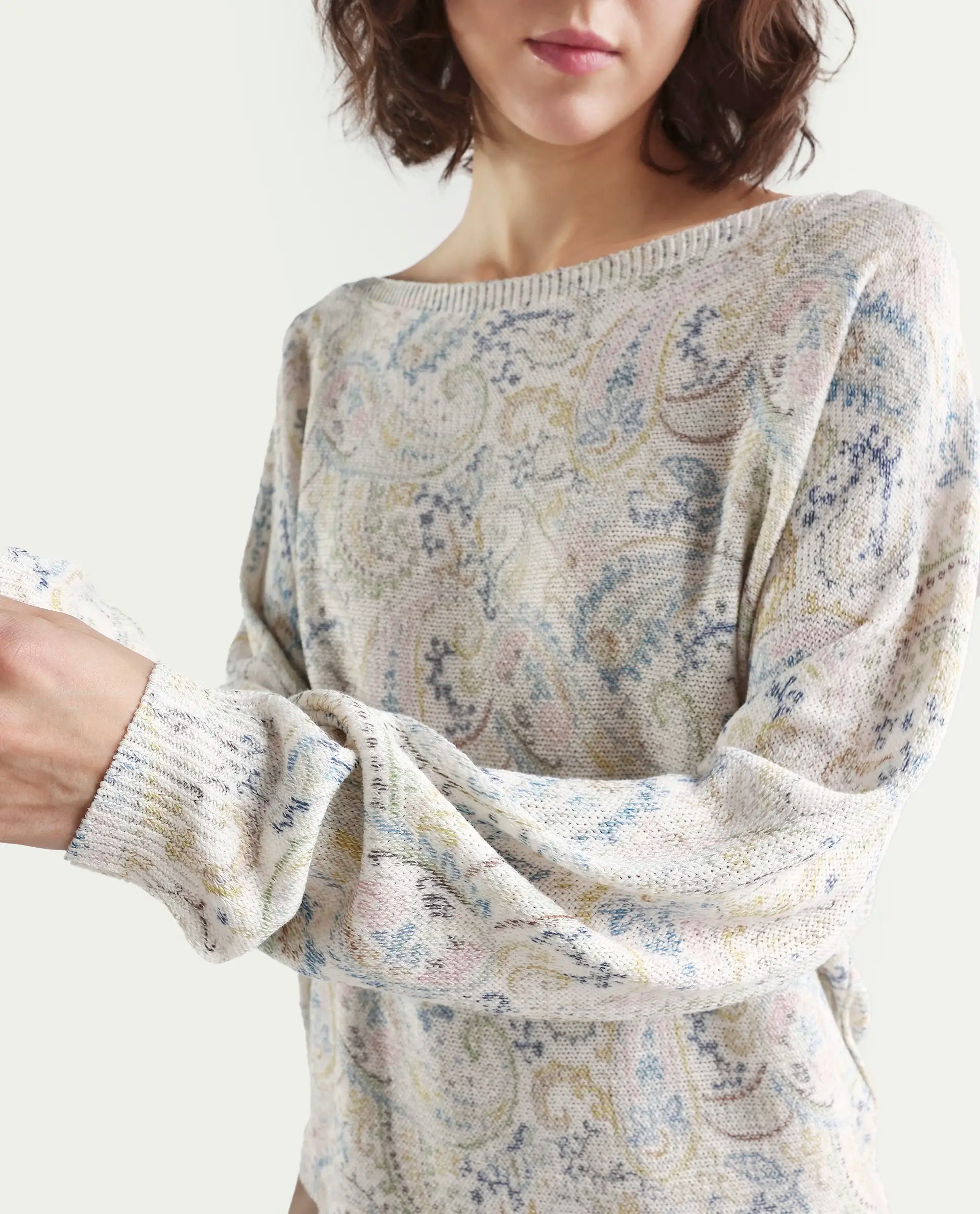 Rareism Women's Sovo Light Multi Viscose Blend Full Sleeve Boat Neck Relaxed Fit Paisley Top