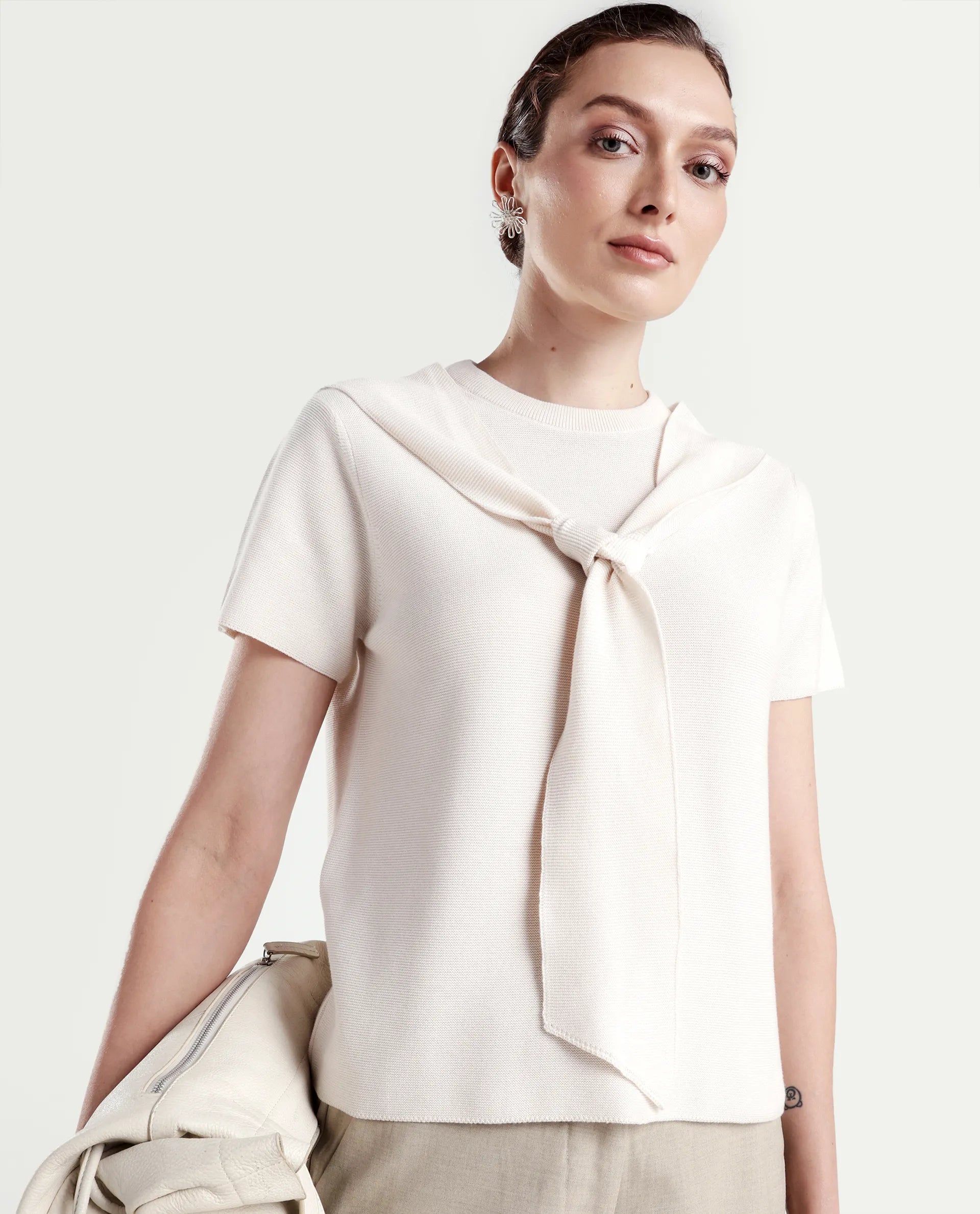 Rareism Women's Sava Off White Cotton Half Sleeve Cowl Neck Regular Fit Plain Top