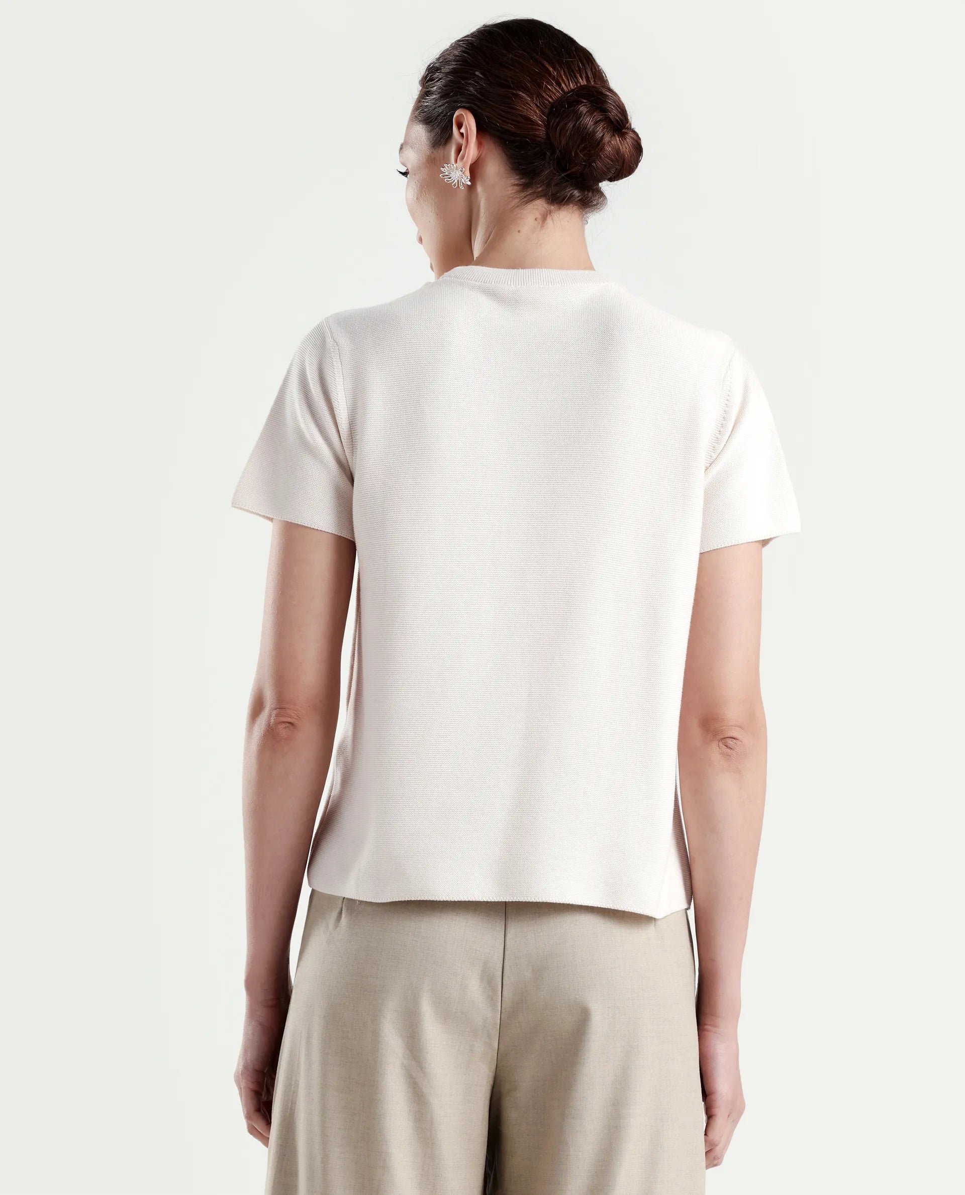 Rareism Women's Sava Off White Cotton Half Sleeve Cowl Neck Regular Fit Plain Top