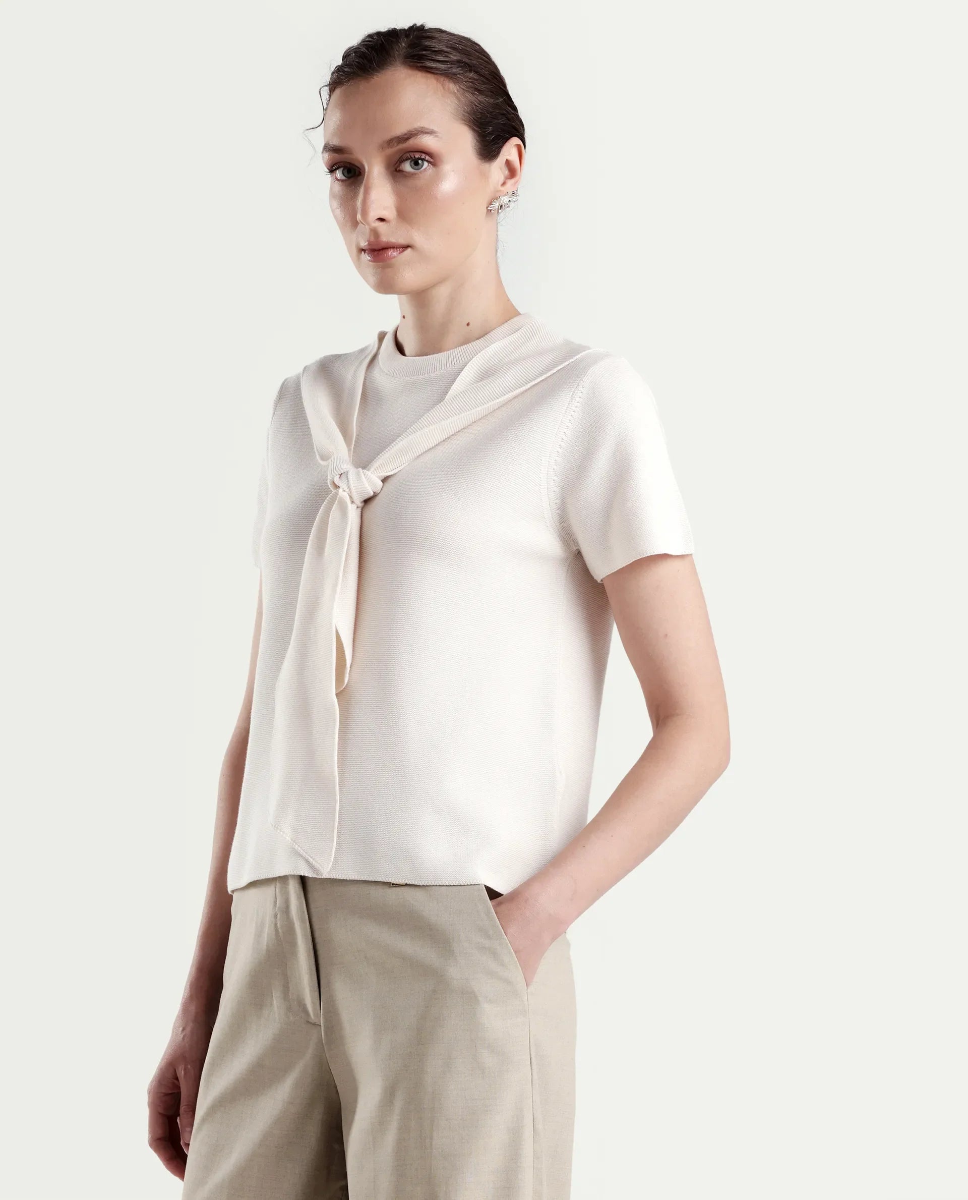 Rareism Women's Sava Off White Cotton Half Sleeve Cowl Neck Regular Fit Plain Top