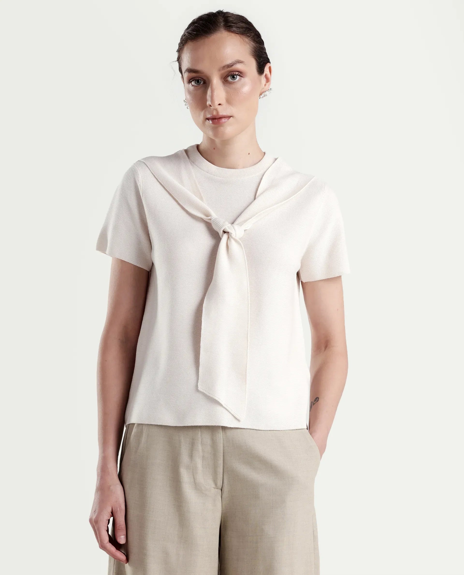 Rareism Women's Sava Off White Cotton Half Sleeve Cowl Neck Regular Fit Plain Top