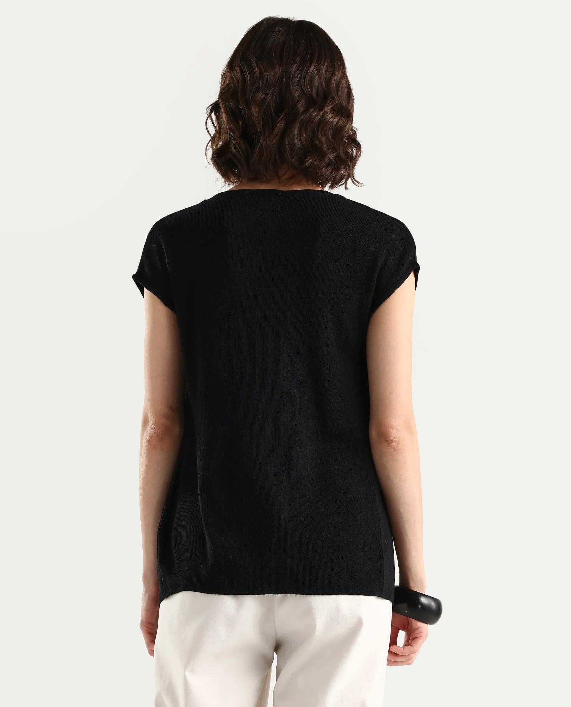 Rareism Women's Star Black Viscose Blend Half Sleeve Cowl Neck Relaxed Fit Plain Top