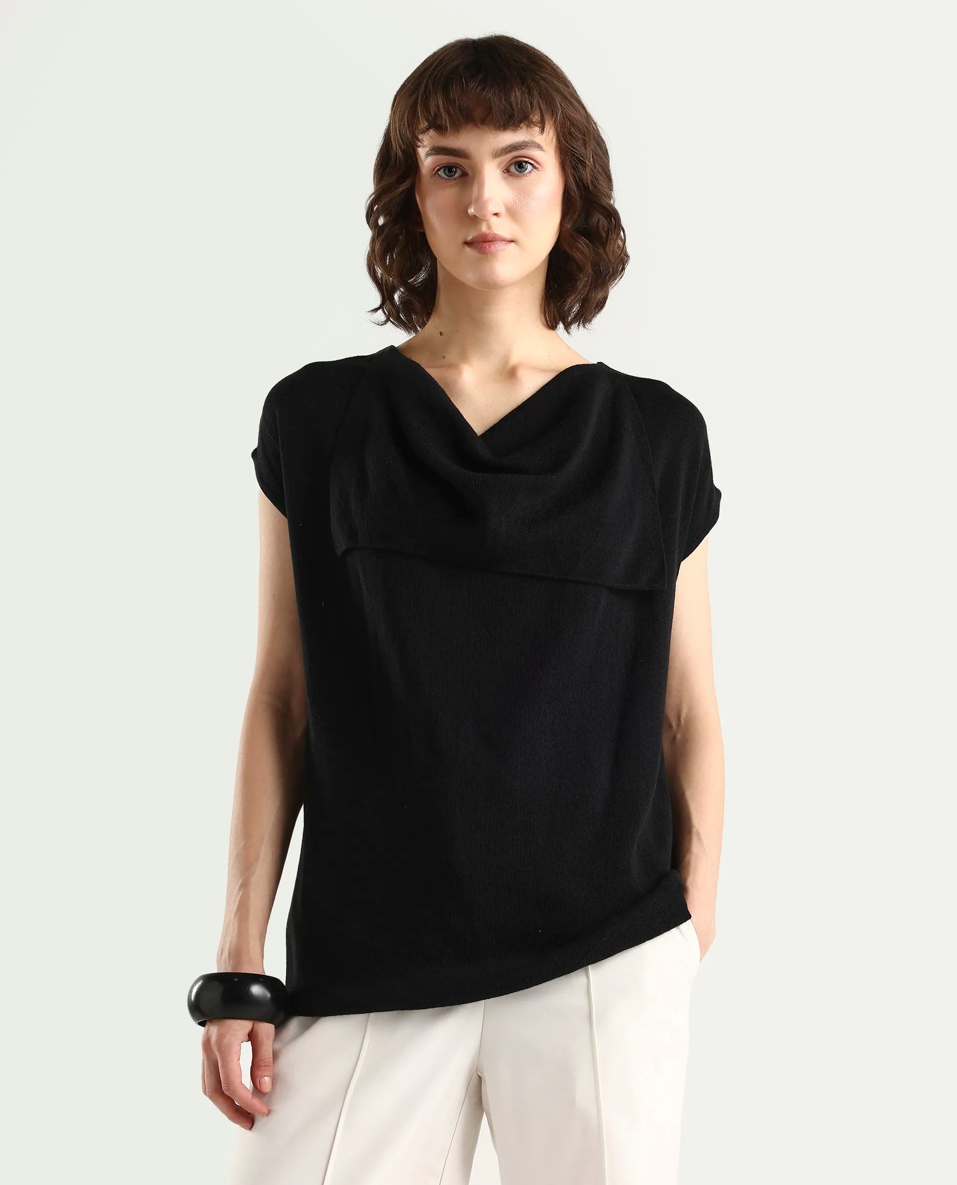 Rareism Women's Star Black Viscose Blend Half Sleeve Cowl Neck Relaxed Fit Plain Top