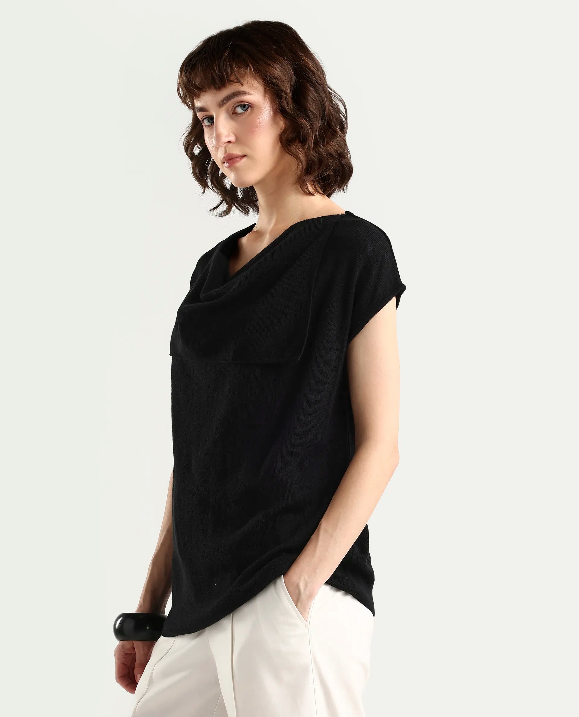 Rareism Women's Star Black Viscose Blend Half Sleeve Cowl Neck Relaxed Fit Plain Top