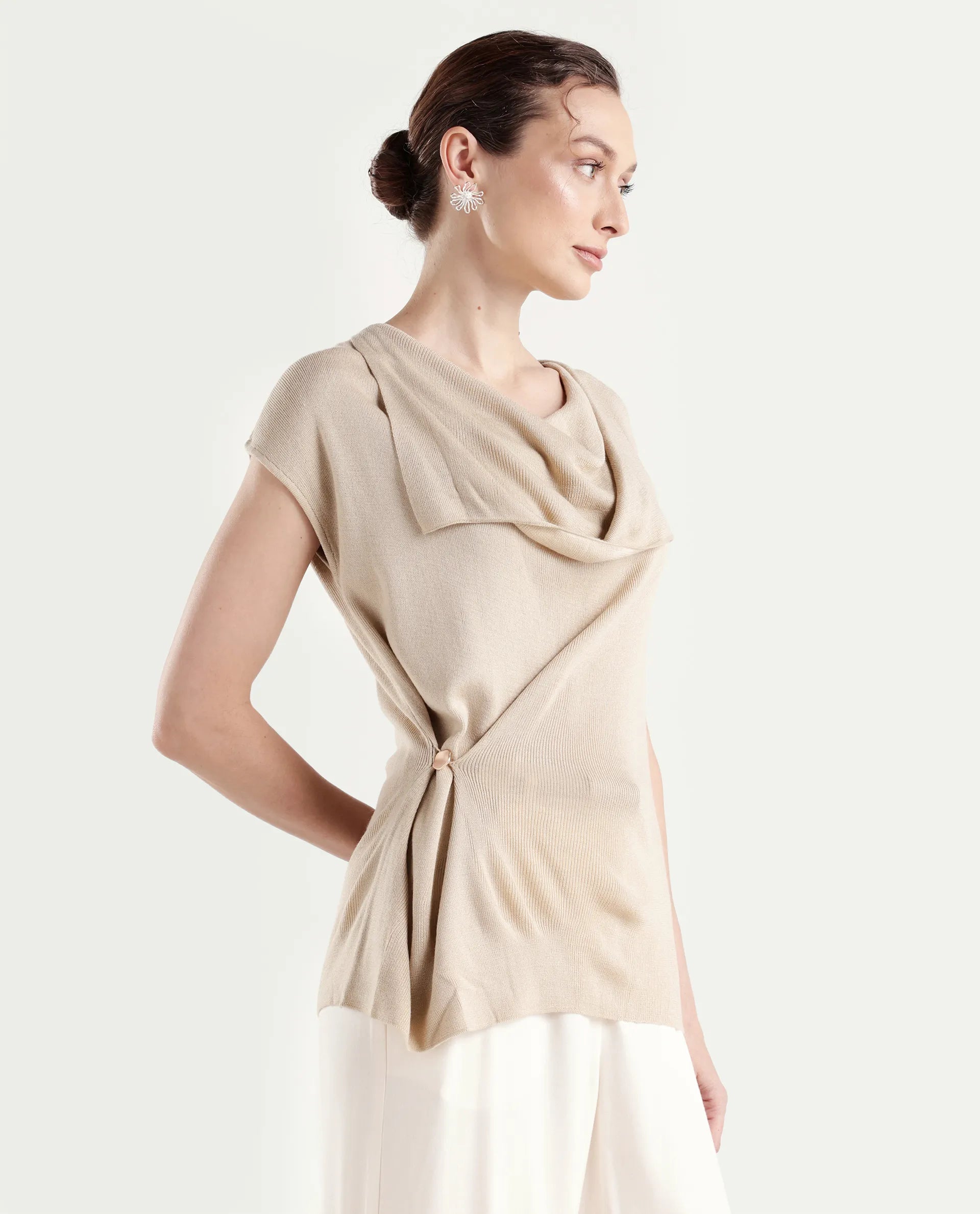 Rareism Women's Star Beige Viscose Blend Half Sleeve Cowl Neck Relaxed Fit Plain Top