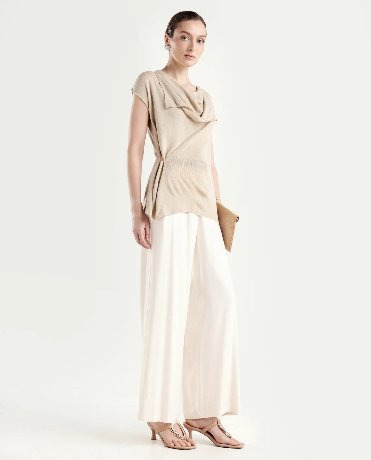 Rareism Women's Star Beige Viscose Blend Half Sleeve Cowl Neck Relaxed Fit Plain Top