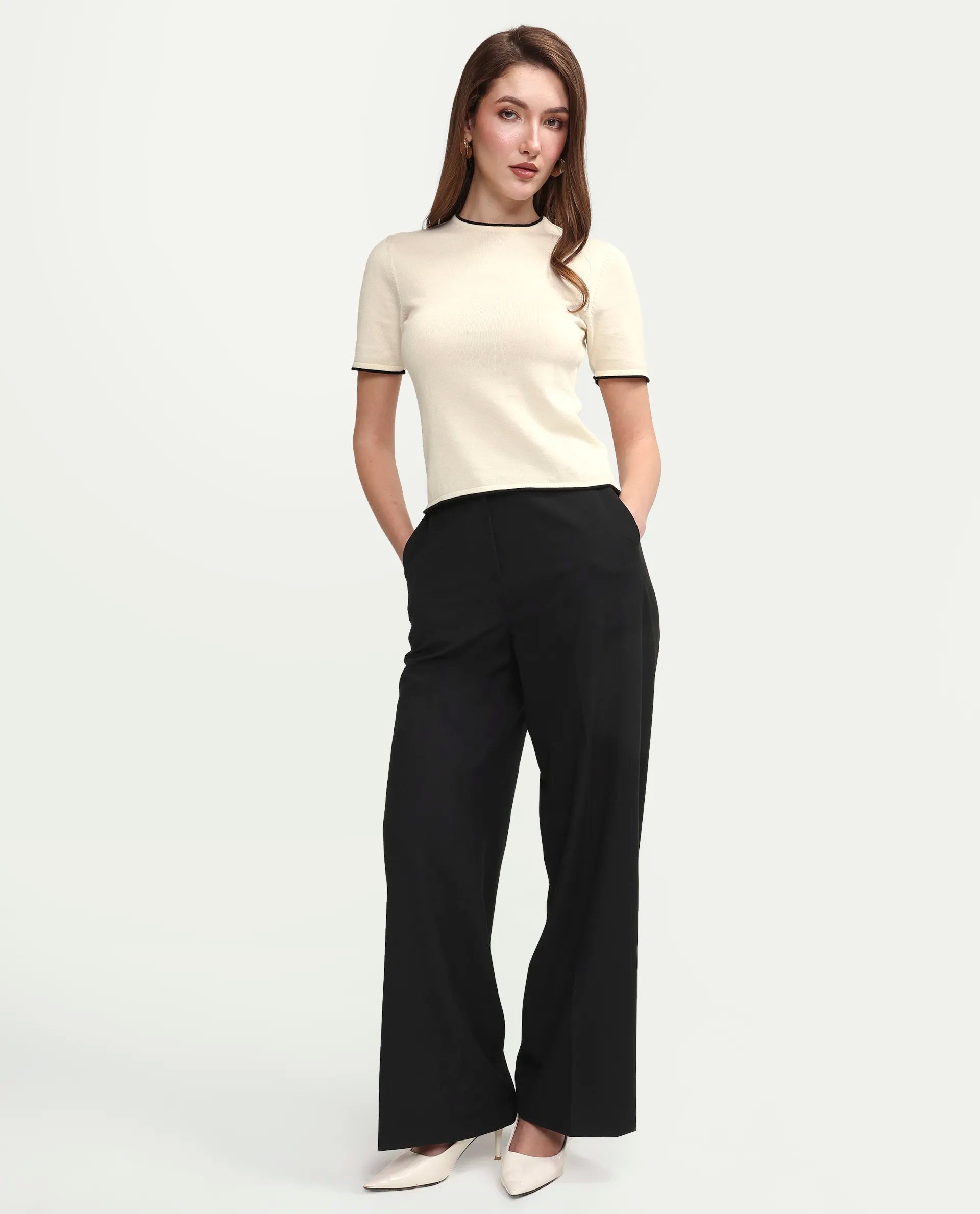 Rareism Women's Sesh Off White Cotton Half Sleeve Crew Neck Regular Fit Plain Top