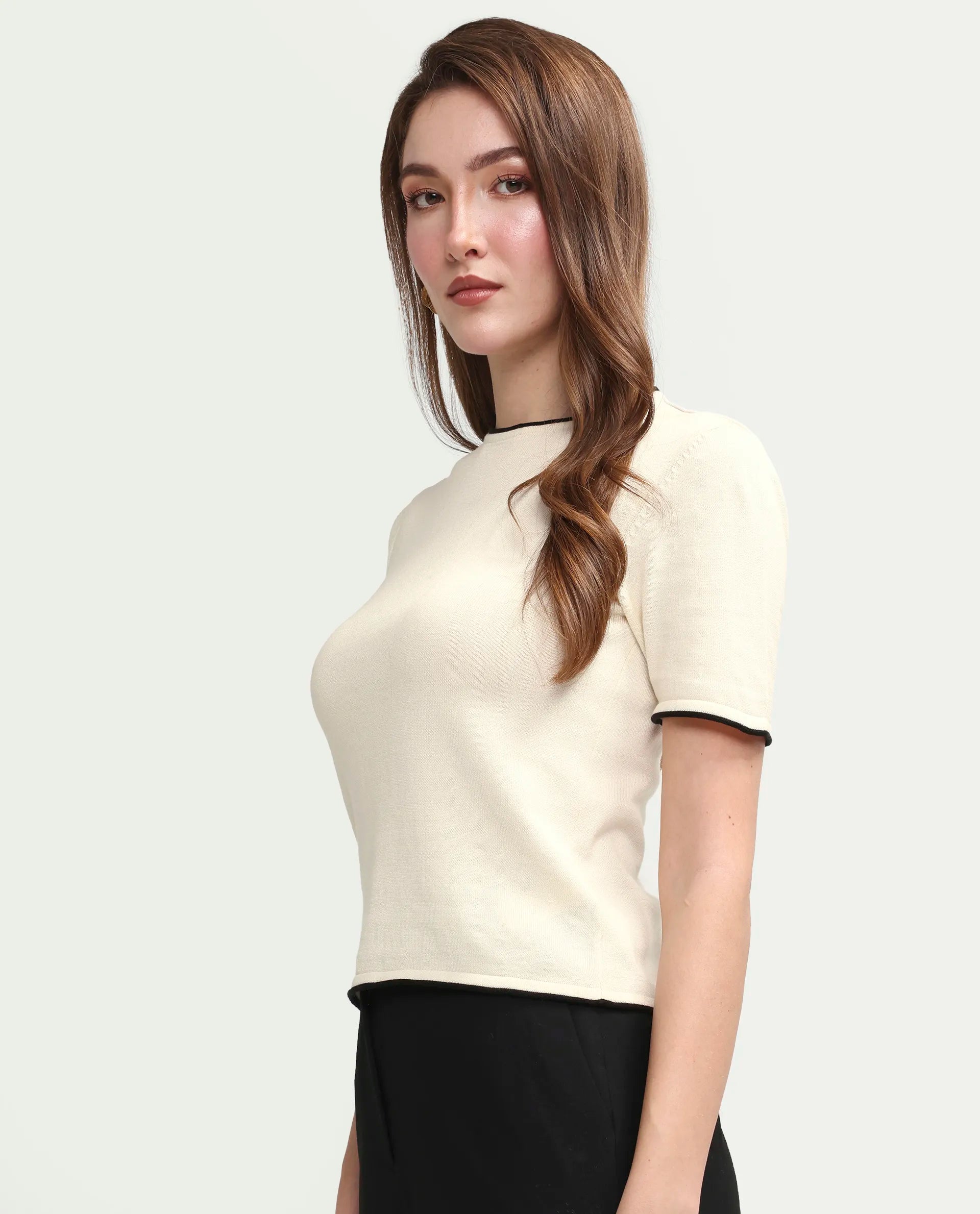 Rareism Women's Sesh Off White Cotton Half Sleeve Crew Neck Regular Fit Plain Top