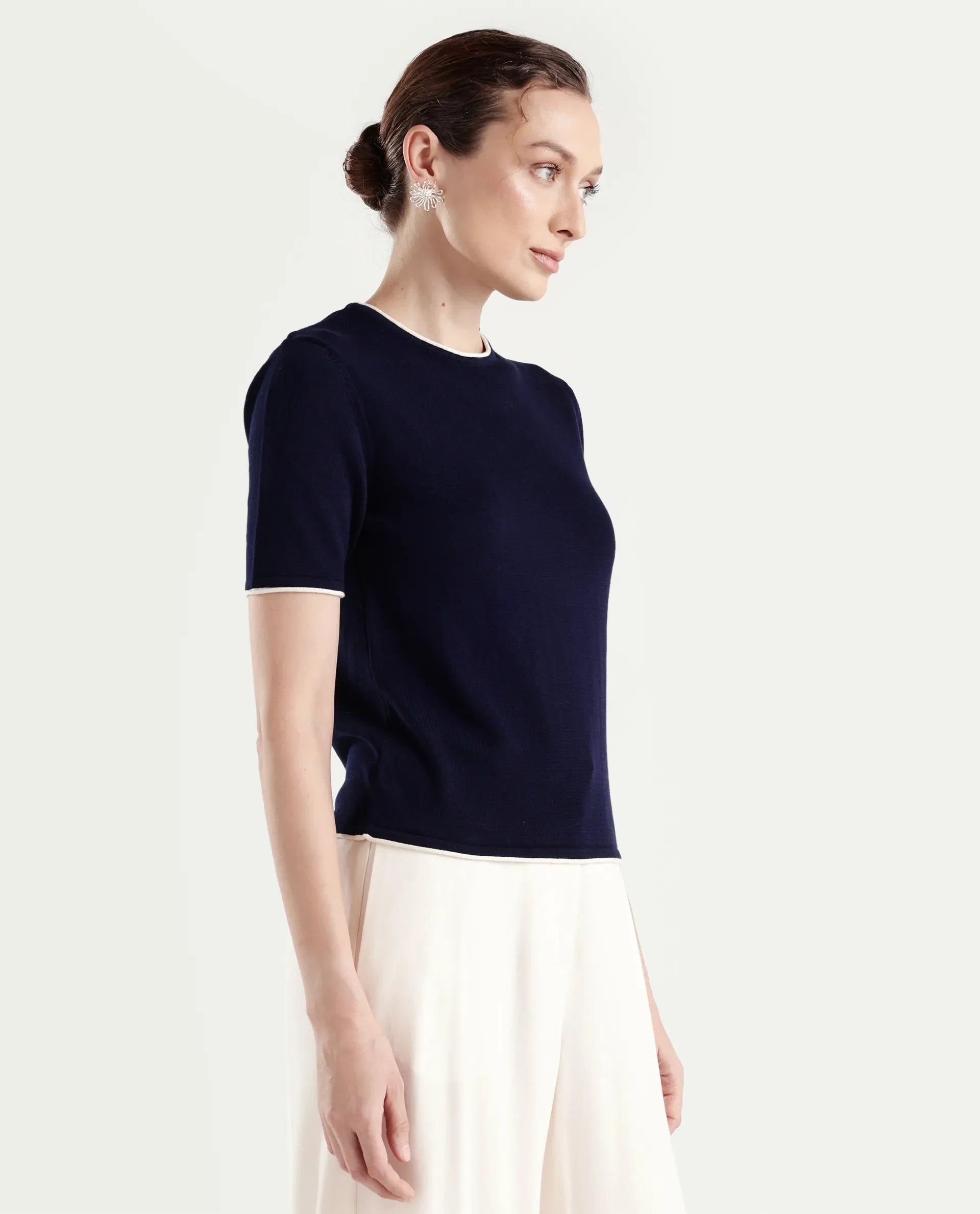 Rareism Women's Sesh Navy Cotton Half Sleeve Crew Neck Regular Fit Plain Top