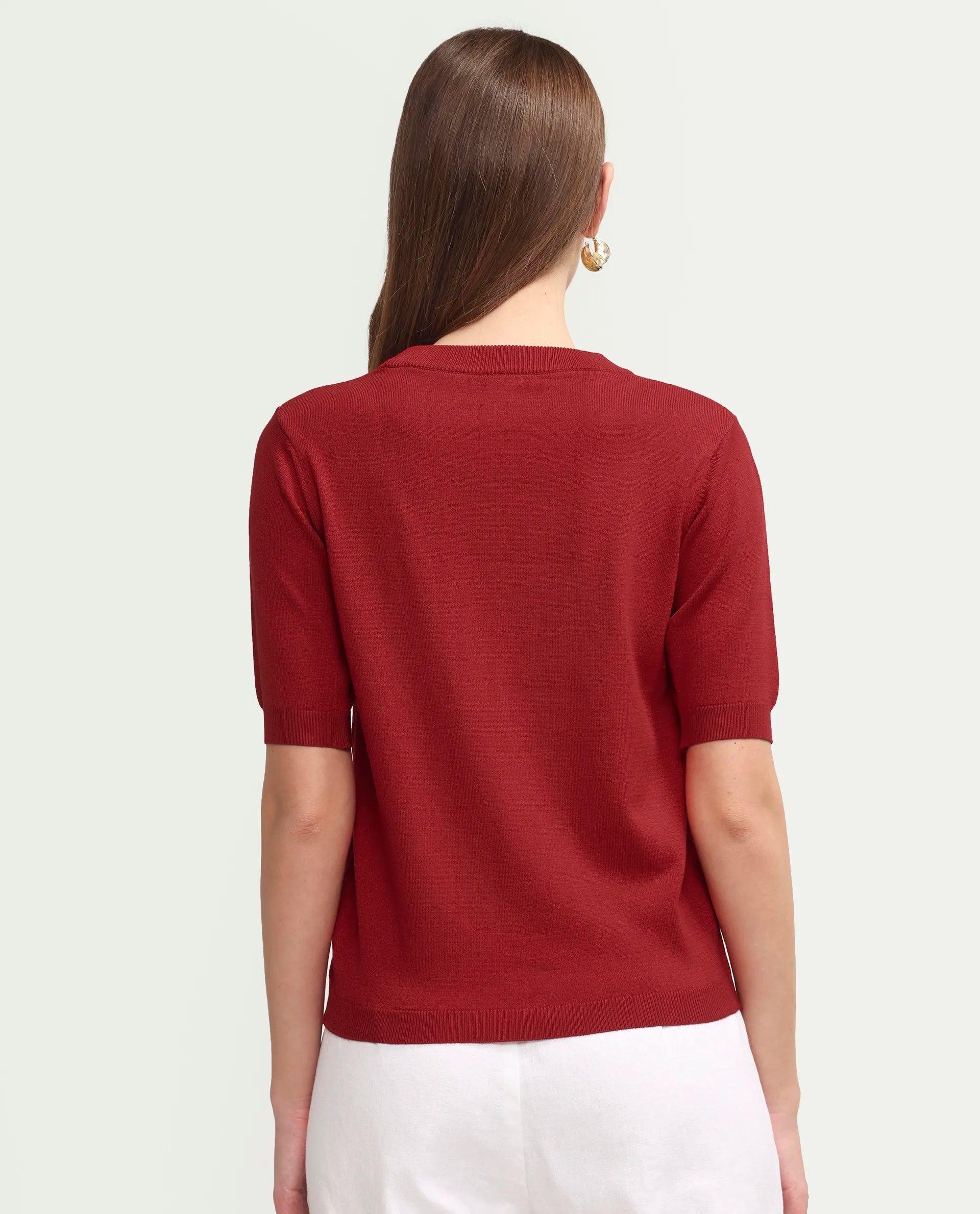 Rareism Women's Sohrdo Red Nylon Blend Half Sleeve Crew Neck Regular Fit Plain Top