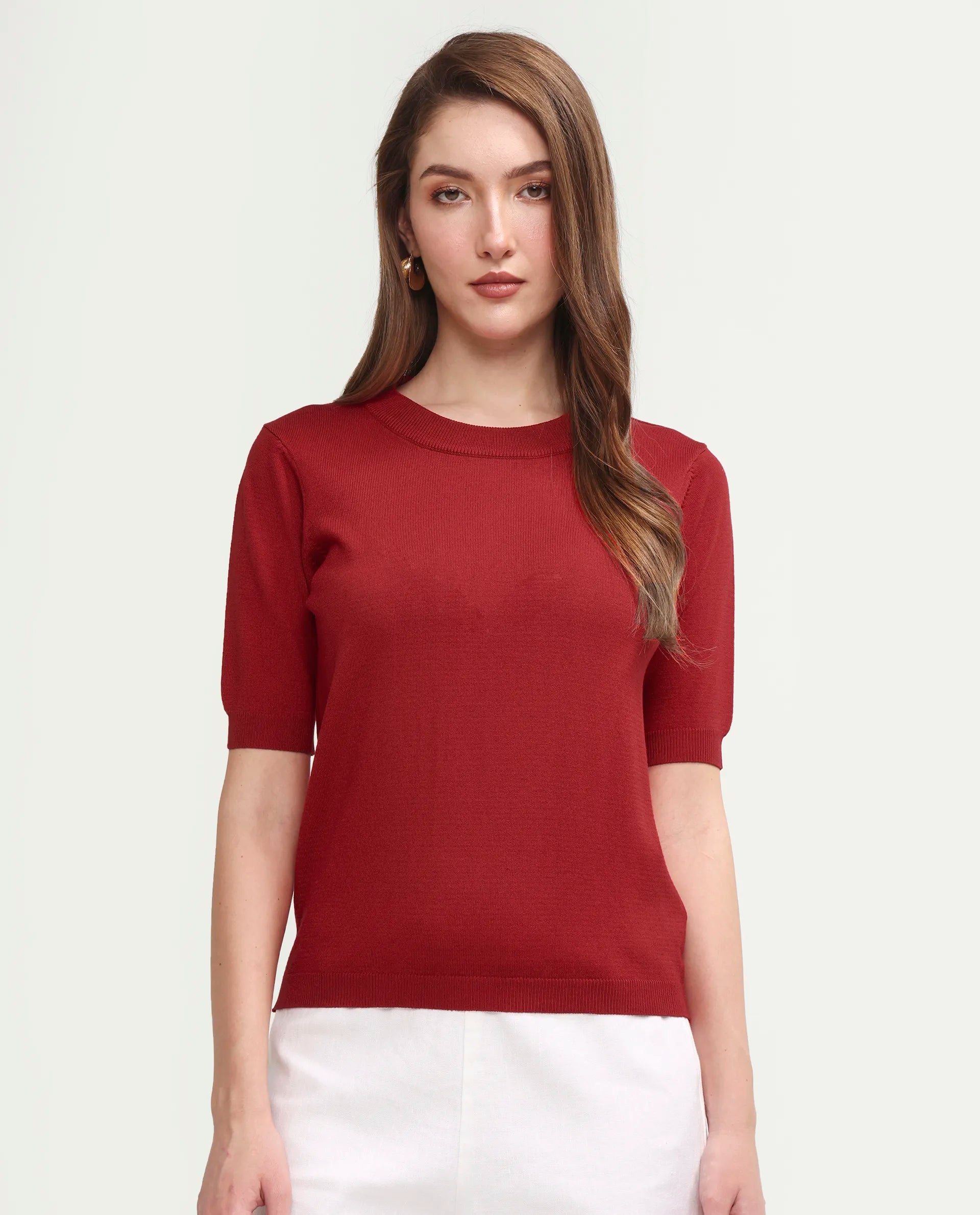 Rareism Women's Sohrdo Red Nylon Blend Half Sleeve Crew Neck Regular Fit Plain Top