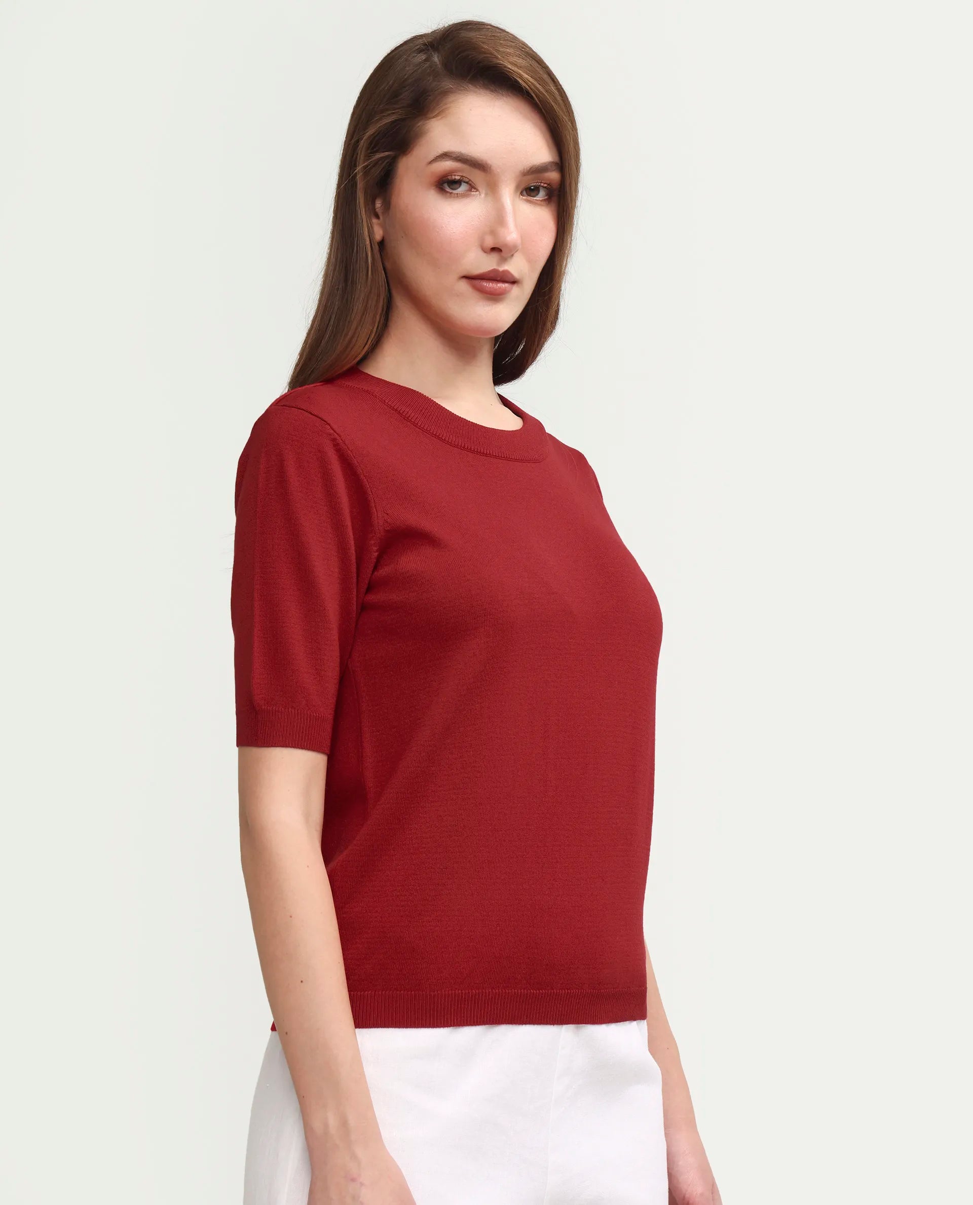 Rareism Women's Sohrdo Red Nylon Blend Half Sleeve Crew Neck Regular Fit Plain Top